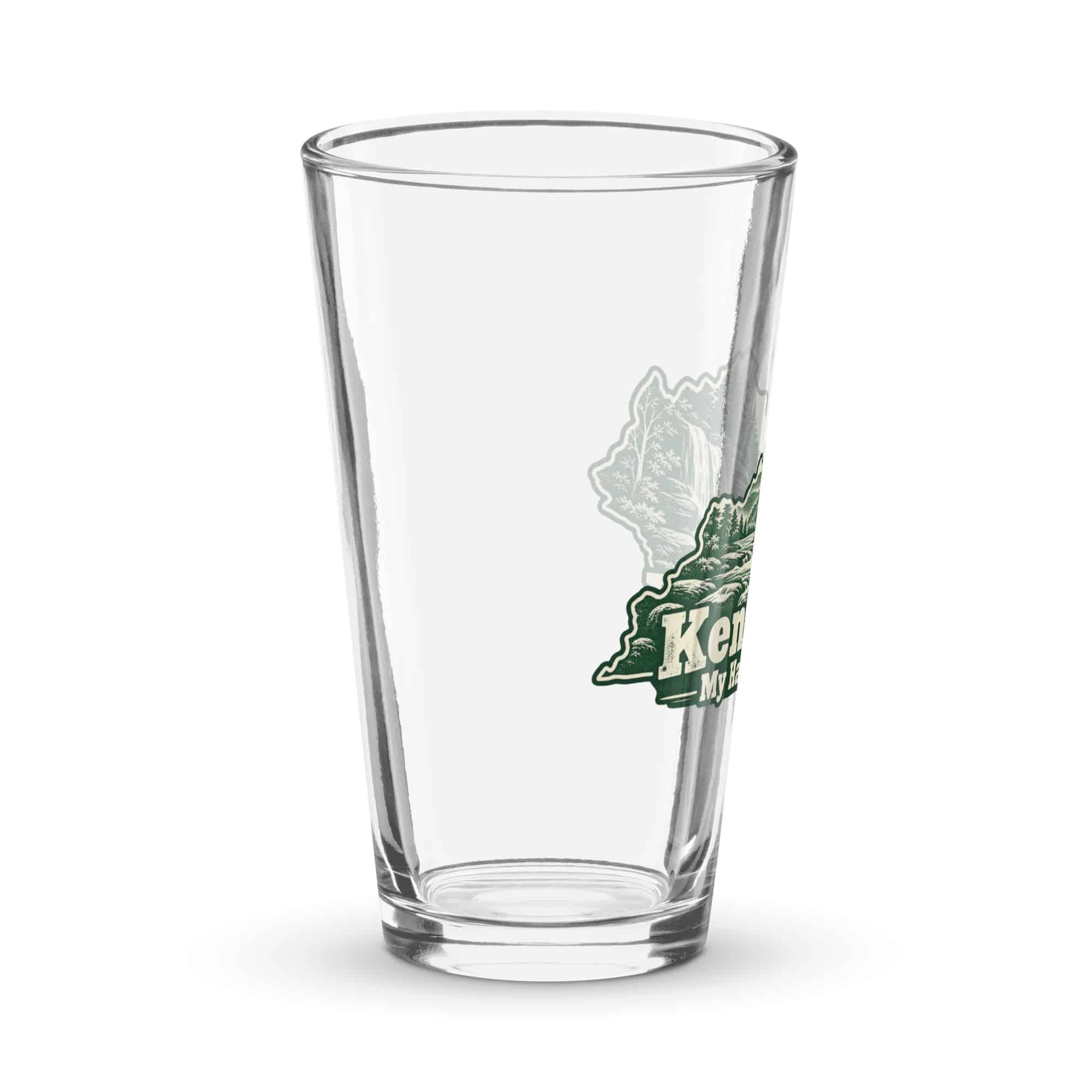 Kentucky Pint Glass: Creek and waterfall, Woodcut Kentucky Silhouette