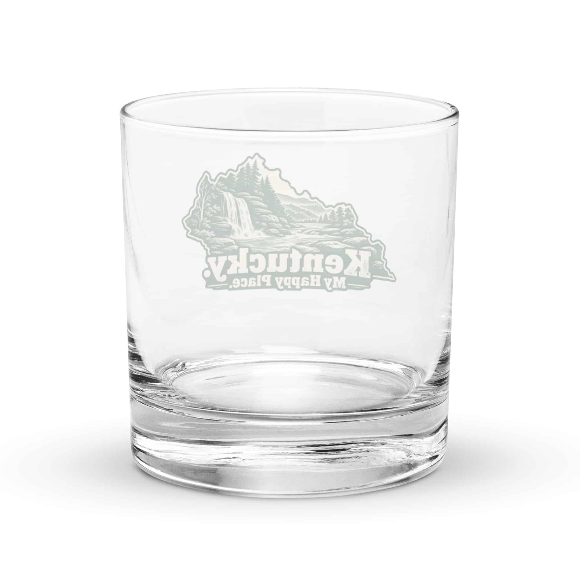 Kentucky Rocks Glass: Creek and waterfall, Woodcut Kentucky Silhouette