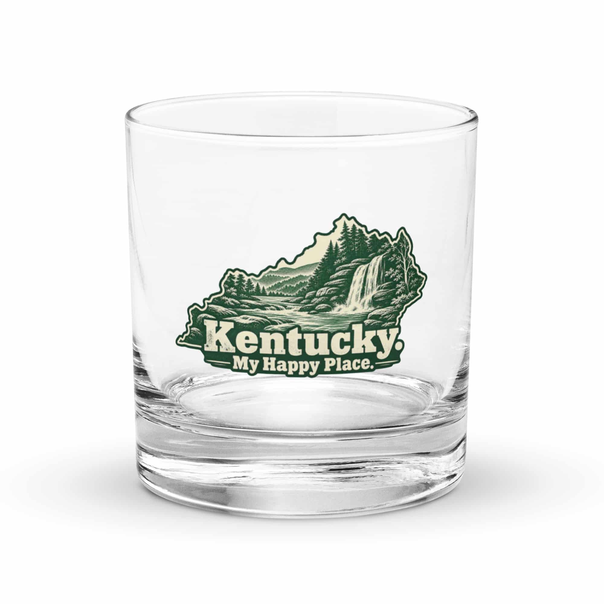 Kentucky Rocks Glass: Creek and waterfall, Woodcut Kentucky Silhouette
