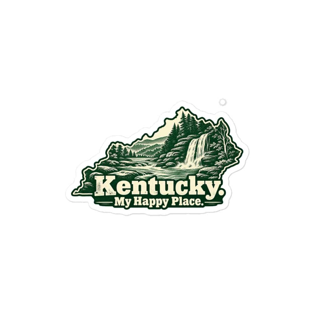 Kentucky Vinyl Sticker: Creek and waterfall, Woodcut Kentucky Silhouette