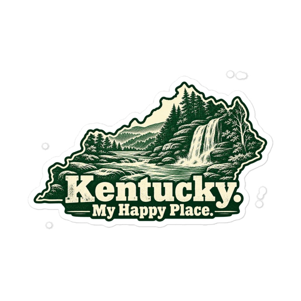 Kentucky Vinyl Sticker: Creek and waterfall, Woodcut Kentucky Silhouette