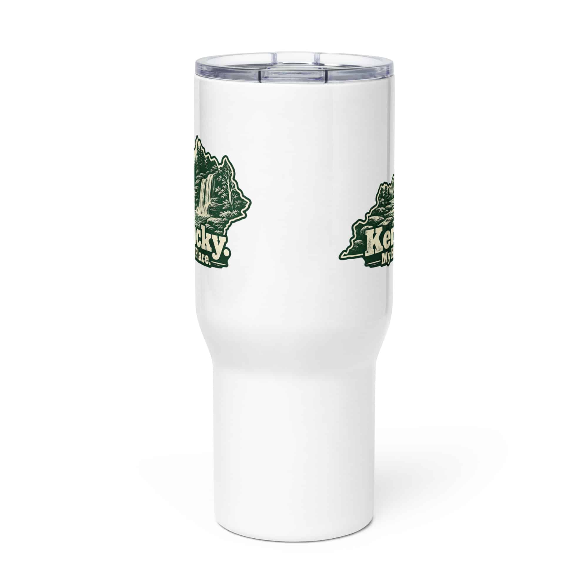 Kentucky Travel Mug: Creek and waterfall, Woodcut Kentucky Silhouette
