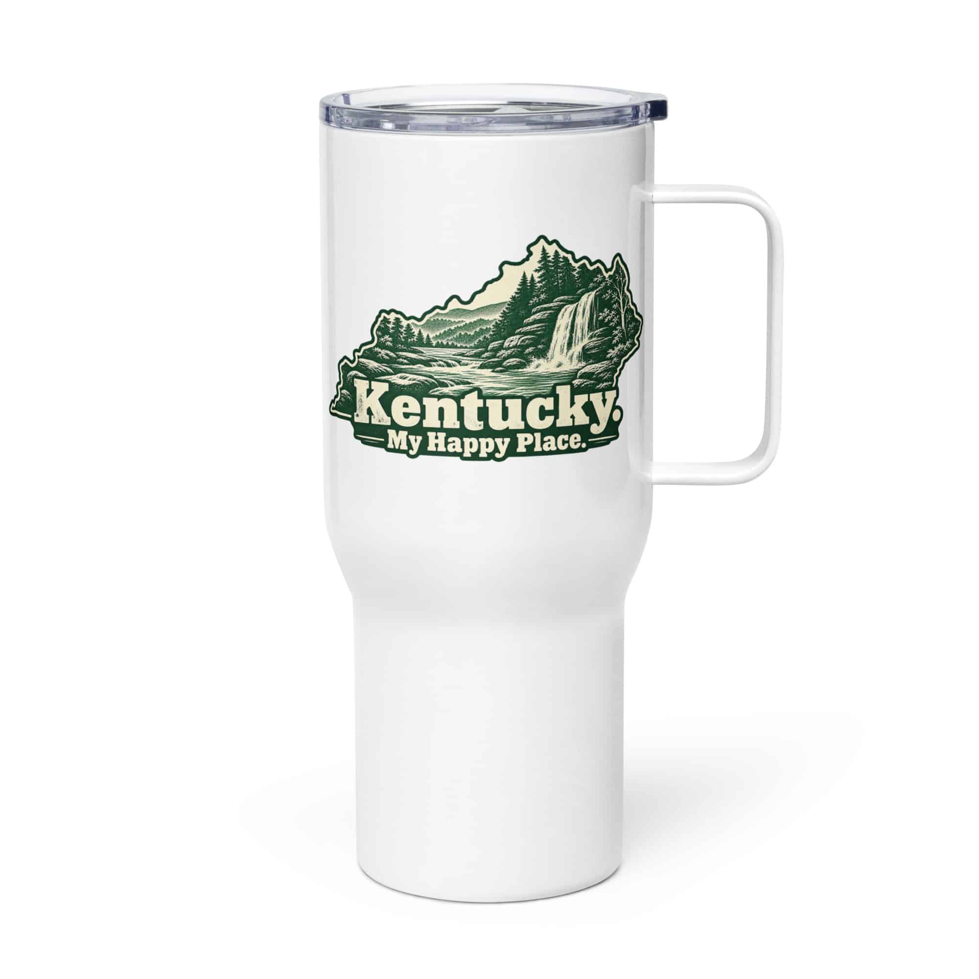 Kentucky Travel Mug: Creek and waterfall, Woodcut Kentucky Silhouette