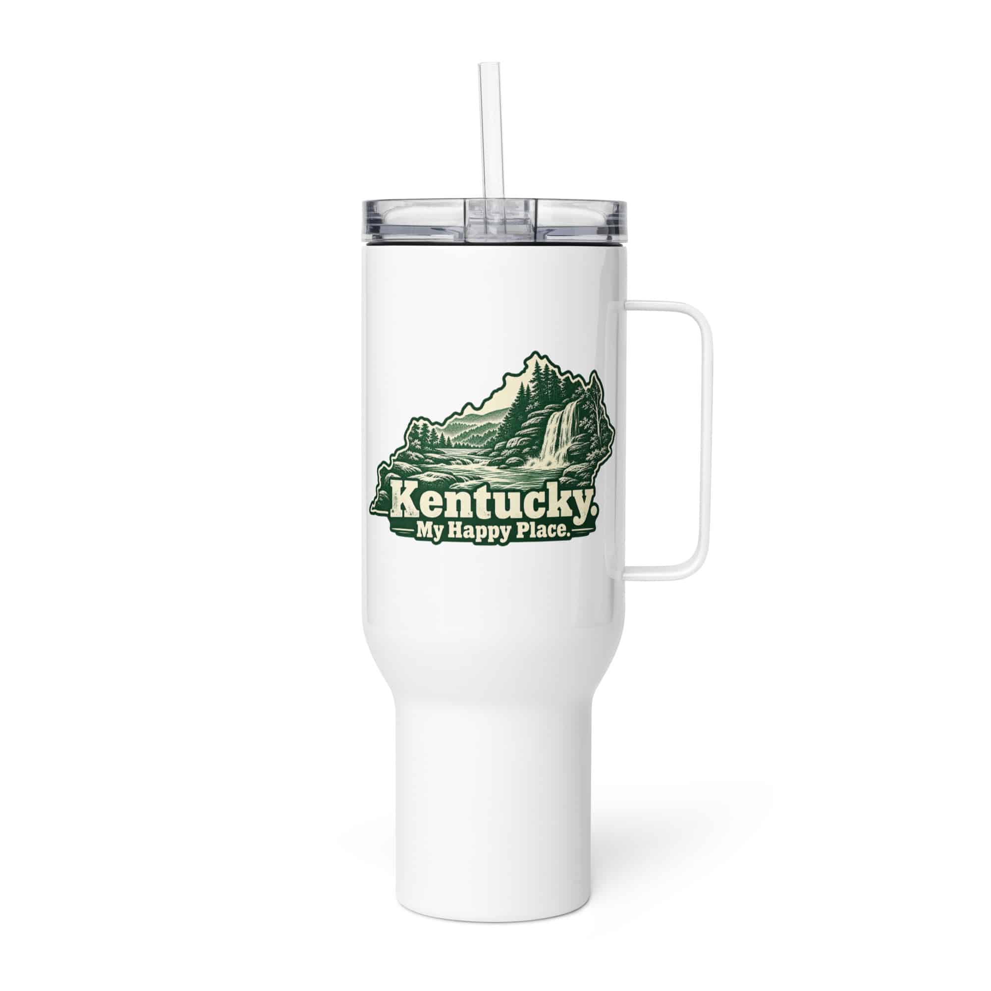 Kentucky Travel Mug: Creek and waterfall, Woodcut Kentucky Silhouette