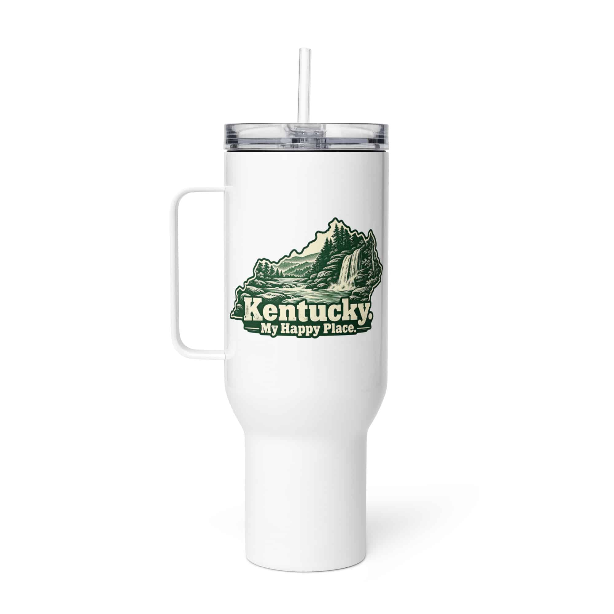 Kentucky Travel Mug: Creek and waterfall, Woodcut Kentucky Silhouette