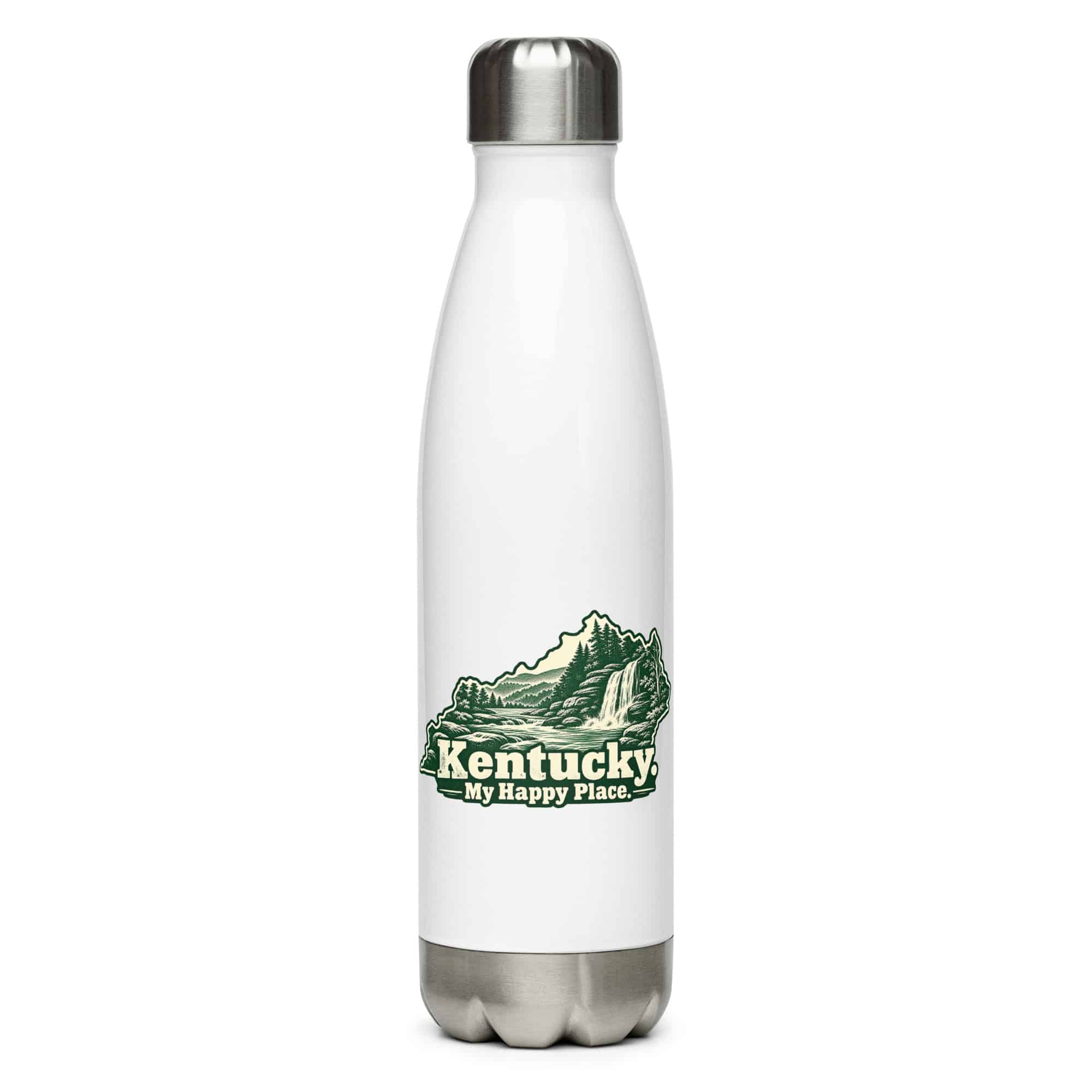 Kentucky Stainless Steel Water Bottle: Creek and waterfall, Woodcut Kentucky Silhouette