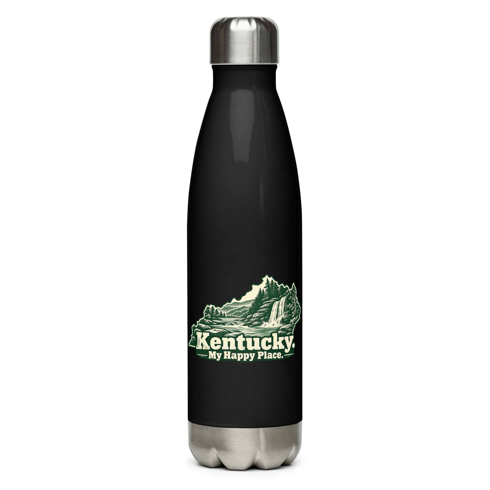 Kentucky Stainless Steel Water Bottle: Creek and waterfall, Woodcut Kentucky Silhouette