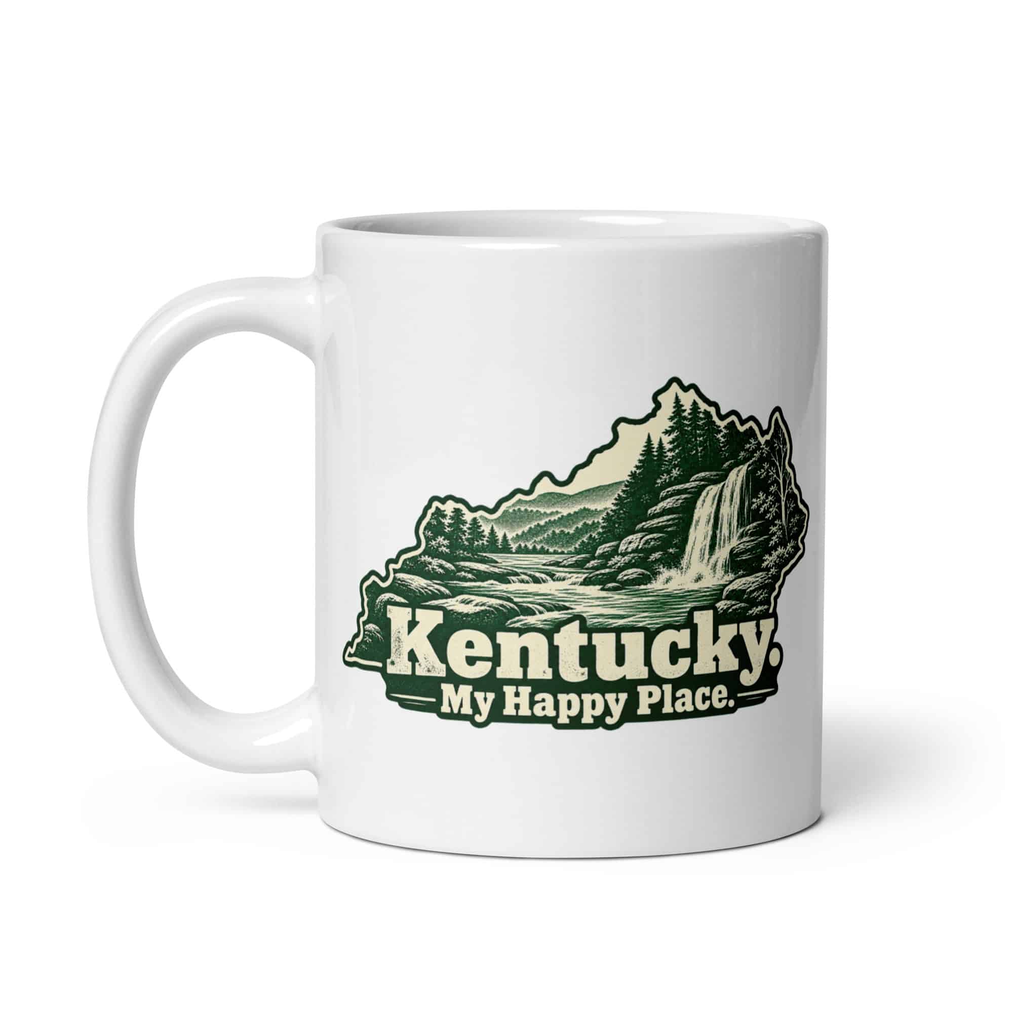 Kentucky White Ceramic Coffee Mug: Creek and waterfall, Woodcut Kentucky Silhouette