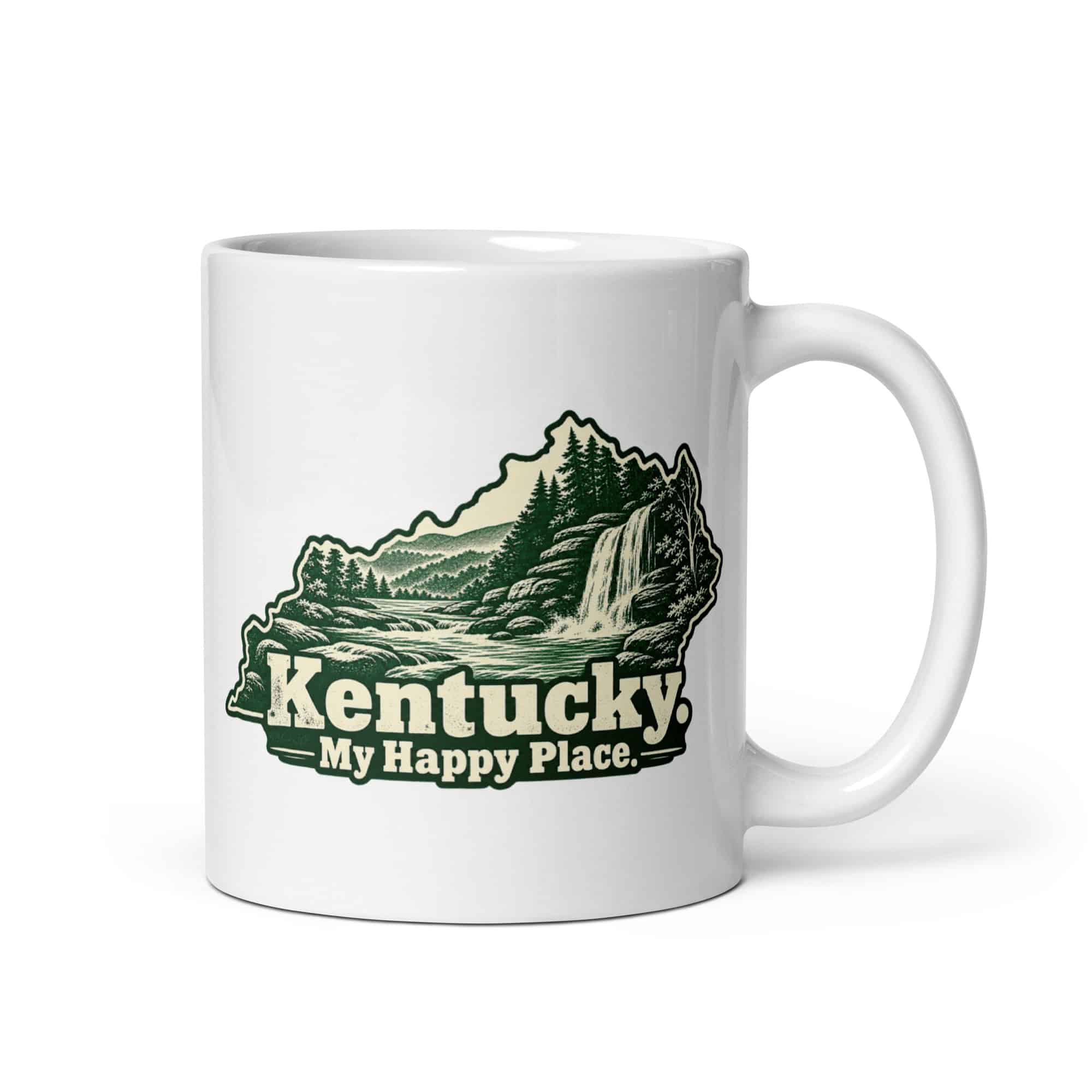 Kentucky White Ceramic Coffee Mug: Creek and waterfall, Woodcut Kentucky Silhouette