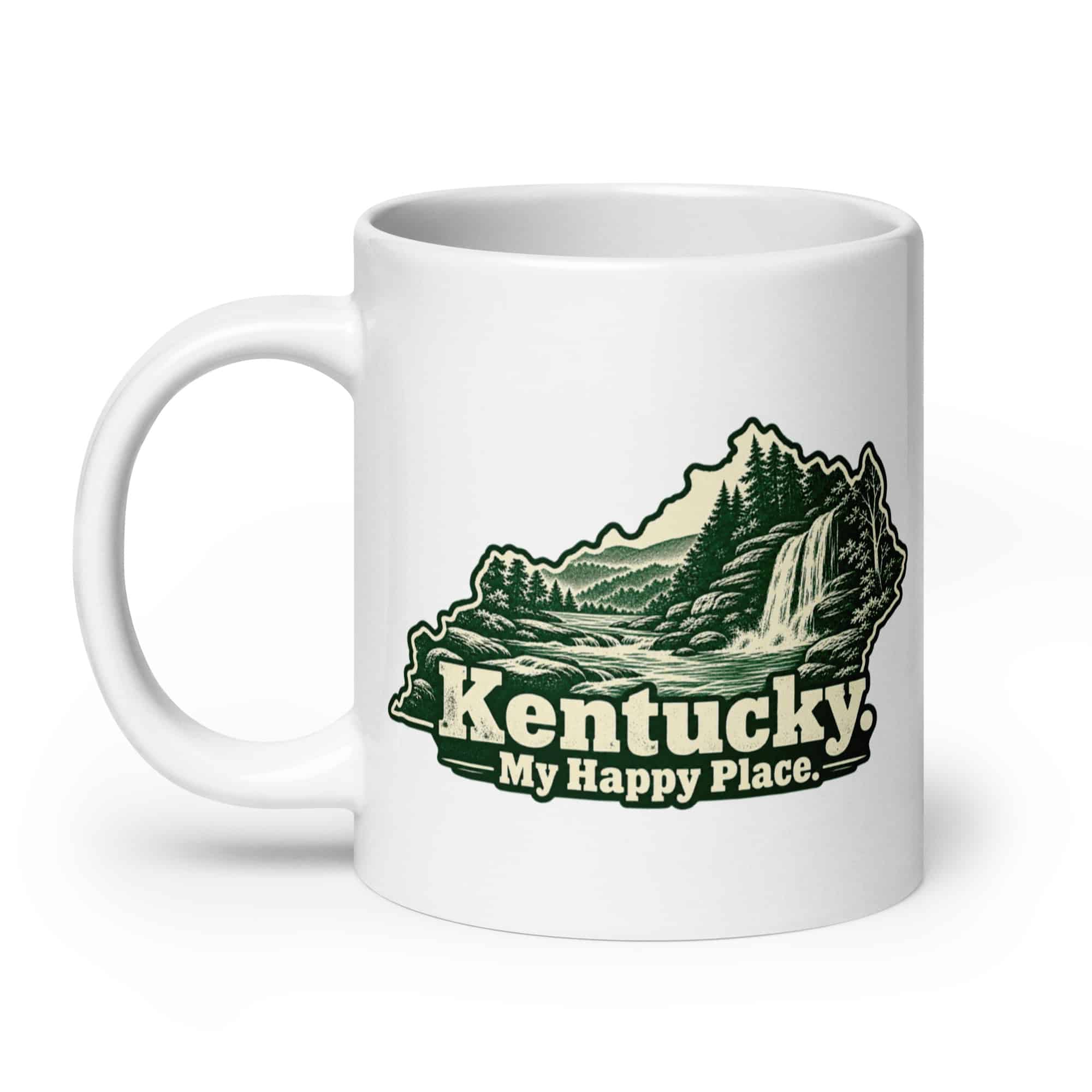 Kentucky White Ceramic Coffee Mug: Creek and waterfall, Woodcut Kentucky Silhouette