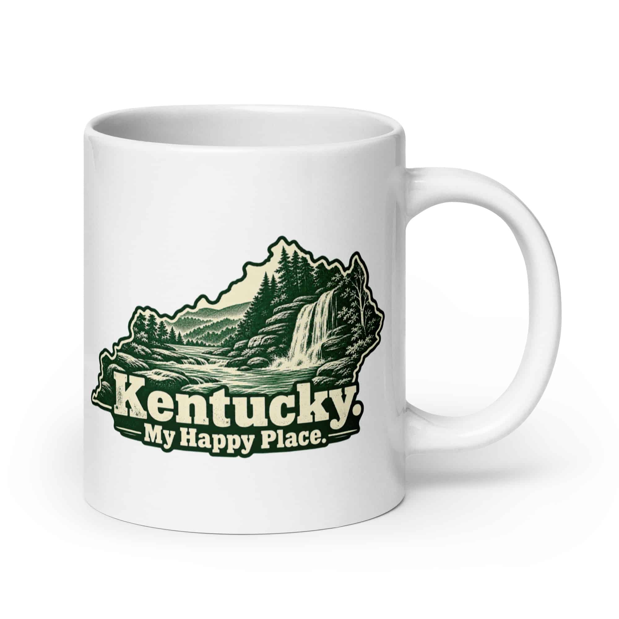 Kentucky White Ceramic Coffee Mug: Creek and waterfall, Woodcut Kentucky Silhouette