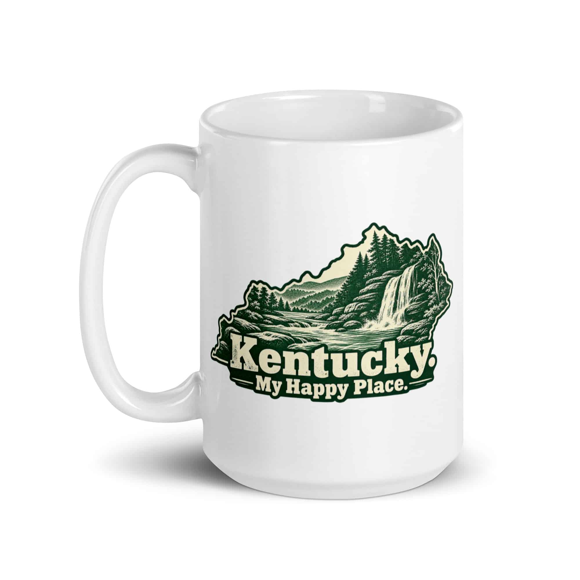 Kentucky White Ceramic Coffee Mug: Creek and waterfall, Woodcut Kentucky Silhouette