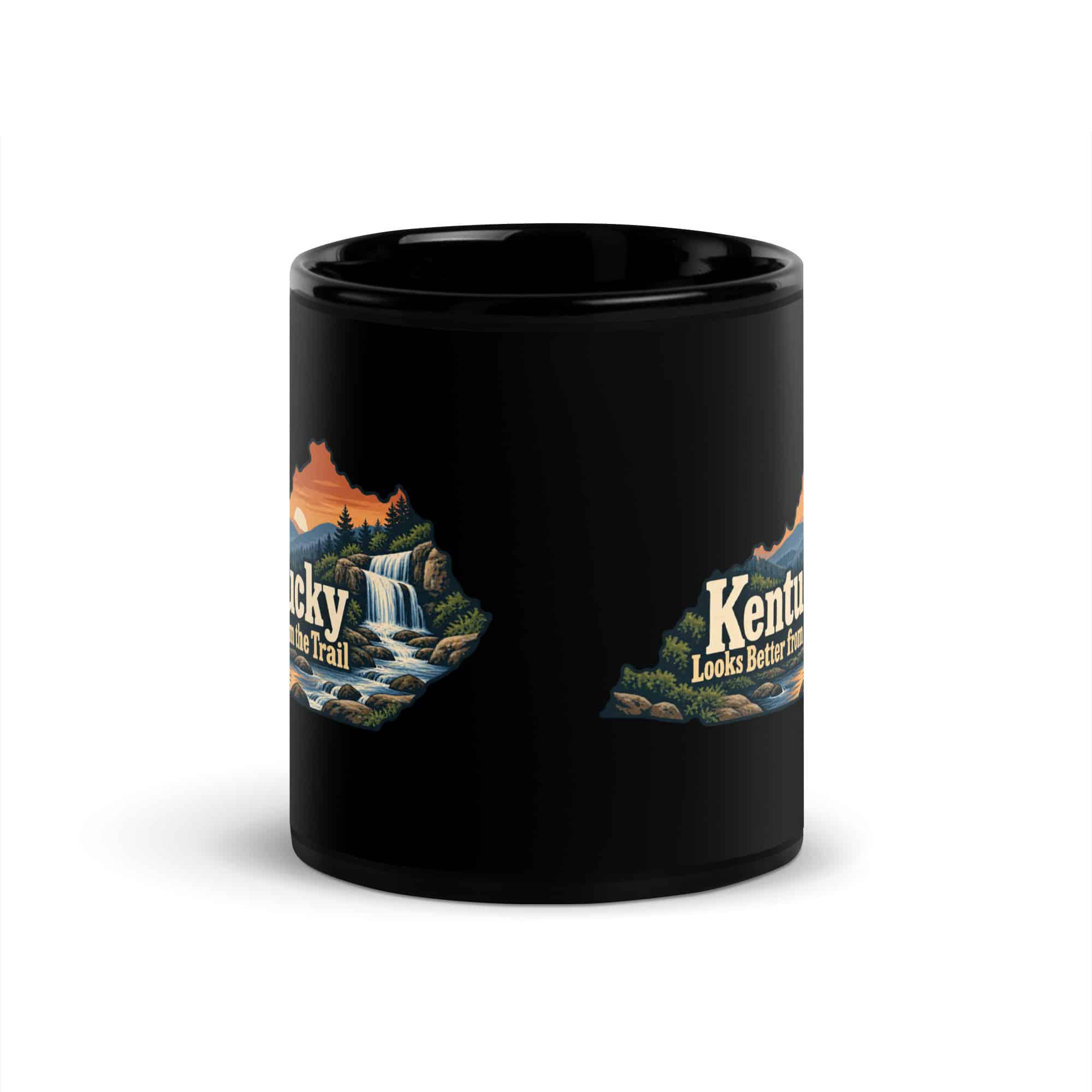 Kentucky Black Coffee Mug: Creek and waterfall, Colorful Kentucky Silhouette