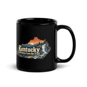 Kentucky Black Coffee Mug: Creek and waterfall, Colorful Kentucky Silhouette - 11 oz - Handle on Right
