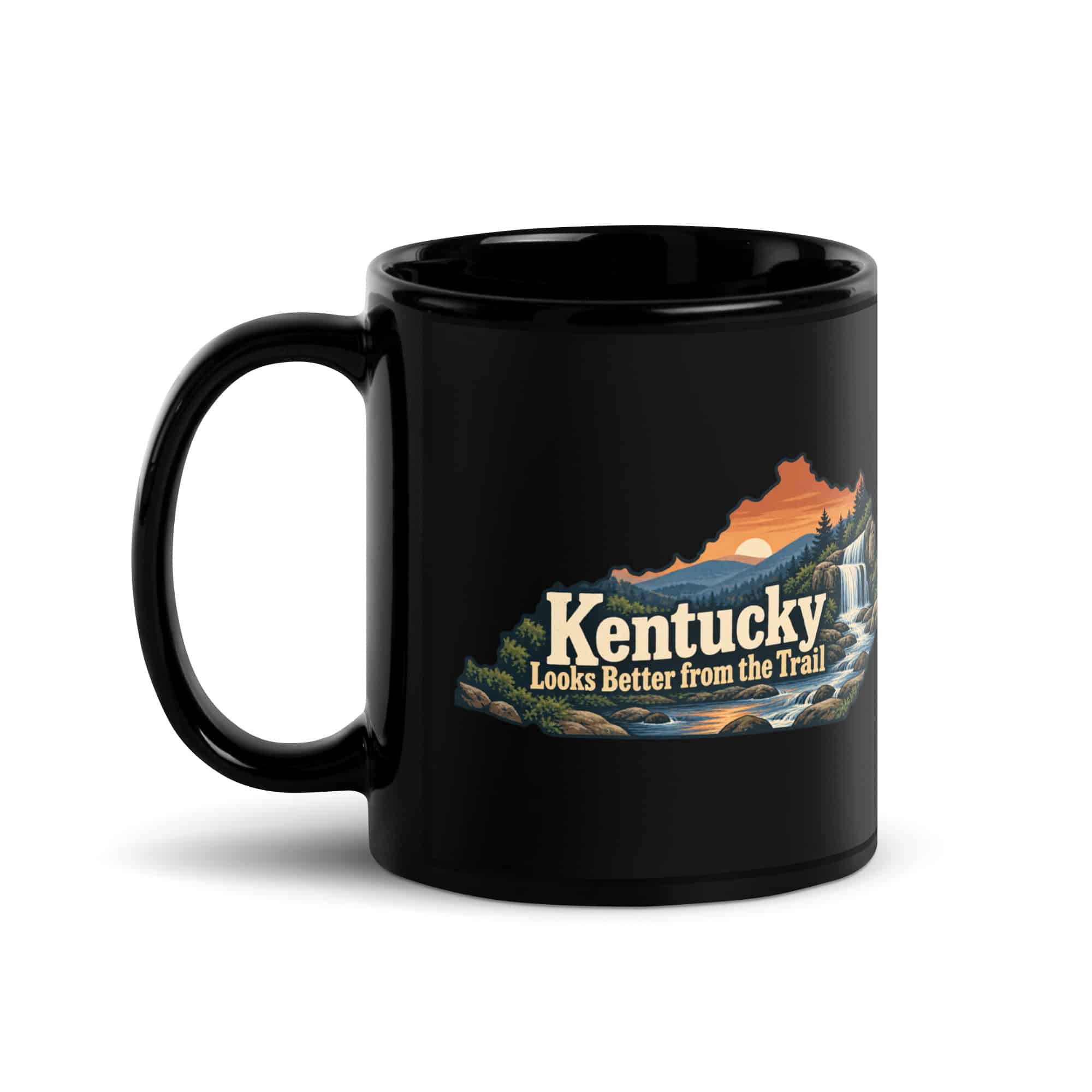 Kentucky Black Coffee Mug: Creek and waterfall, Colorful Kentucky Silhouette