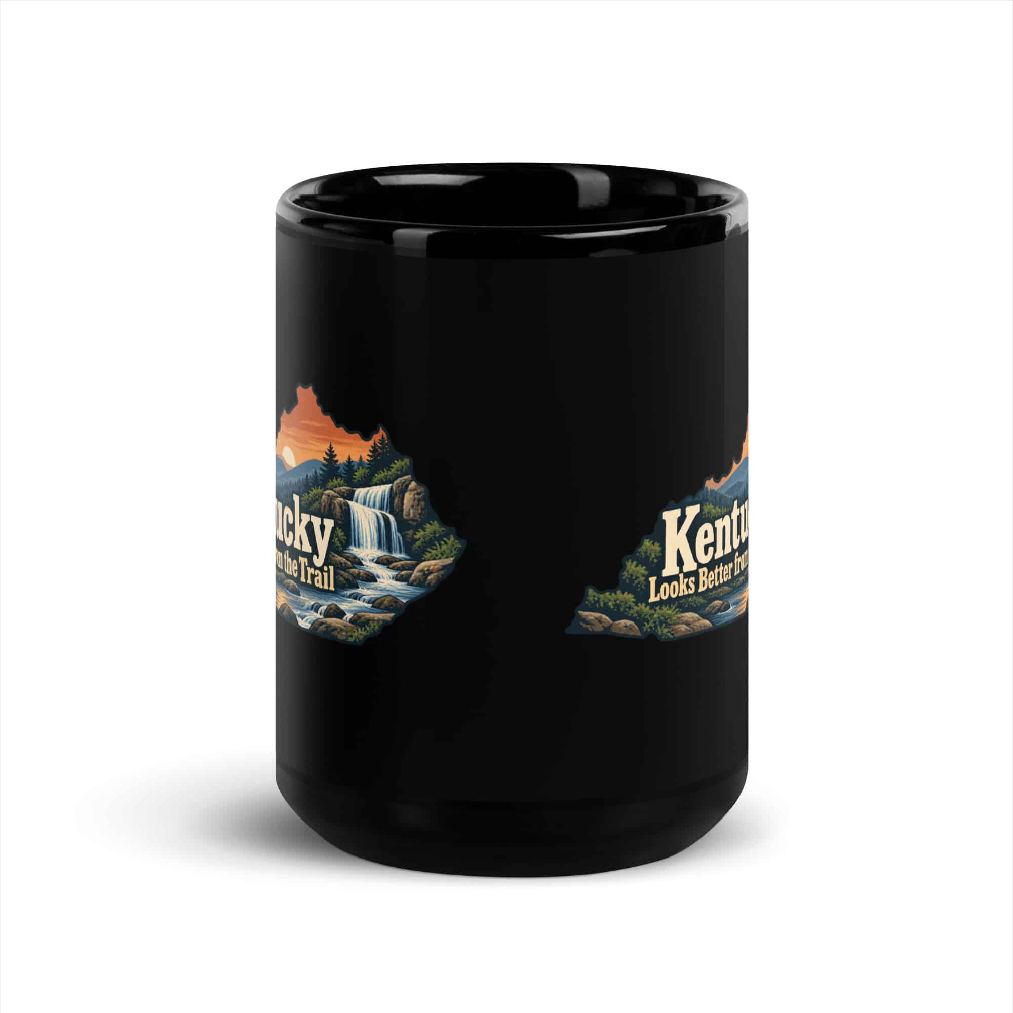 Kentucky Black Coffee Mug: Creek and waterfall, Colorful Kentucky Silhouette
