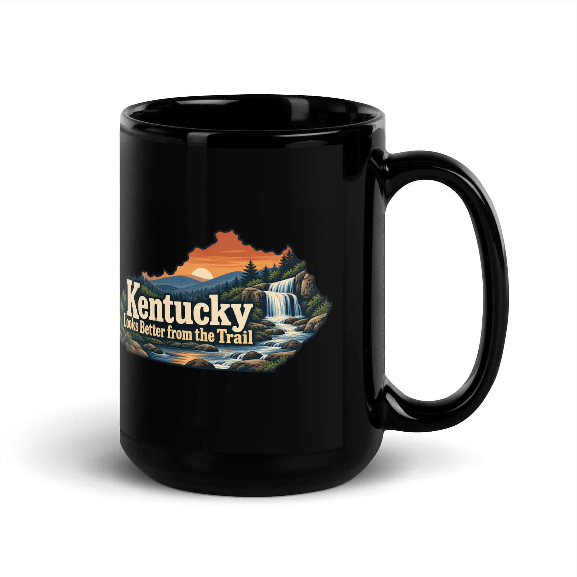 Kentucky Black Coffee Mug: Creek and waterfall, Colorful Kentucky Silhouette
