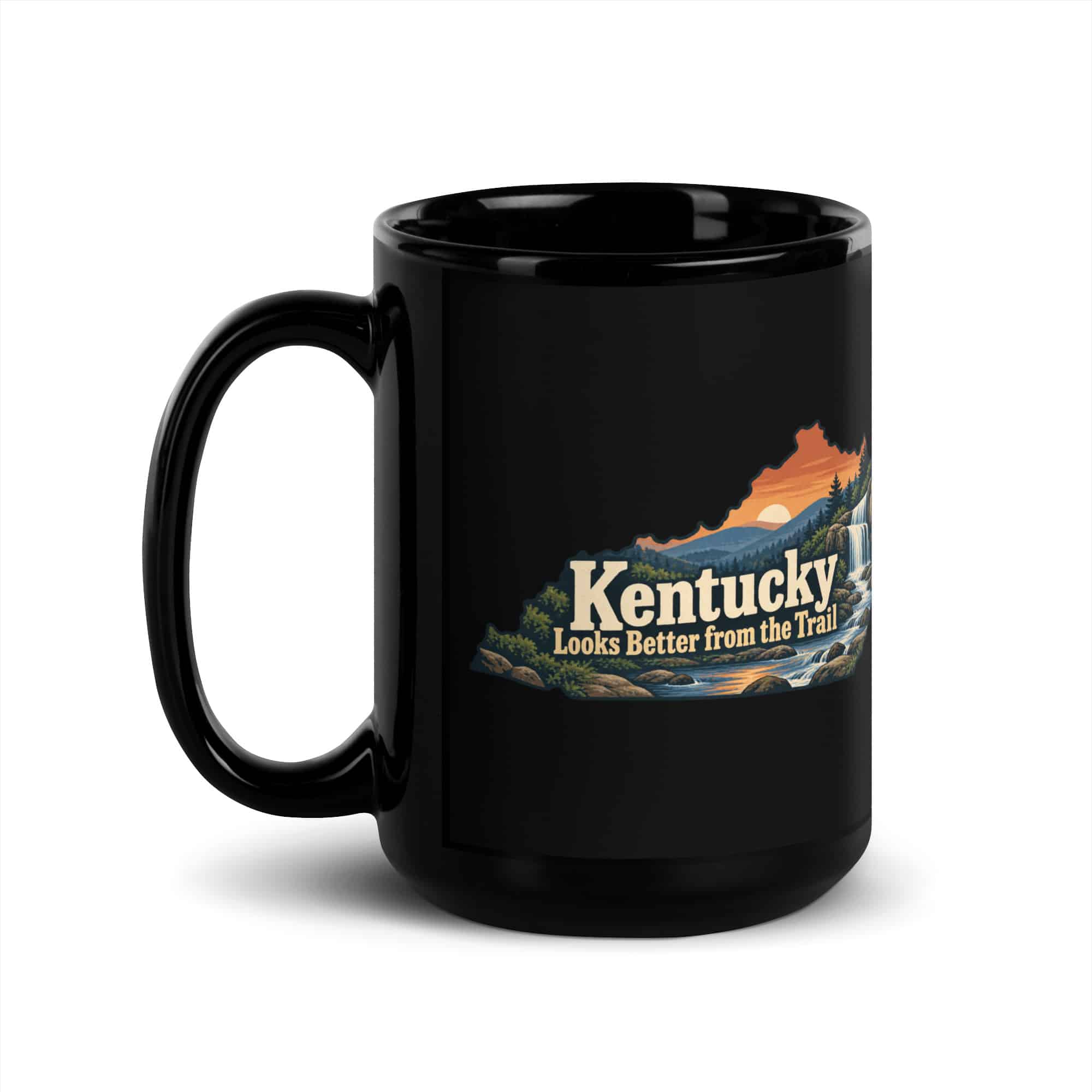 Kentucky Black Coffee Mug: Creek and waterfall, Colorful Kentucky Silhouette