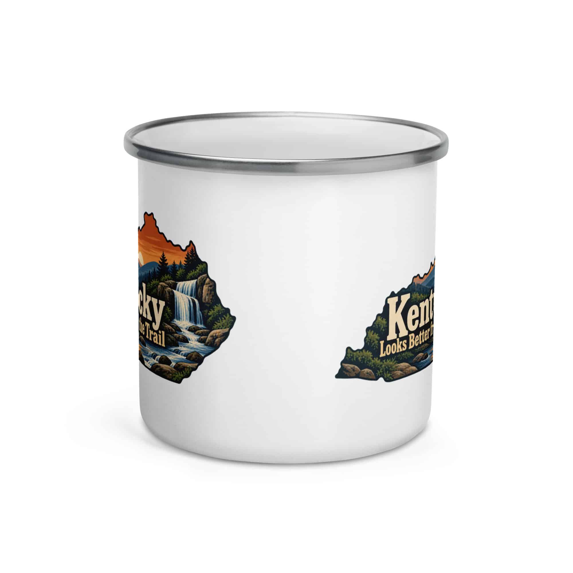 Kentucky Enamel Camp Mug: Creek and waterfall, Colorful Kentucky Silhouette