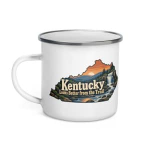 Kentucky Enamel Camp Mug: Creek and waterfall, Colorful Kentucky Silhouette - 12 oz - Left
