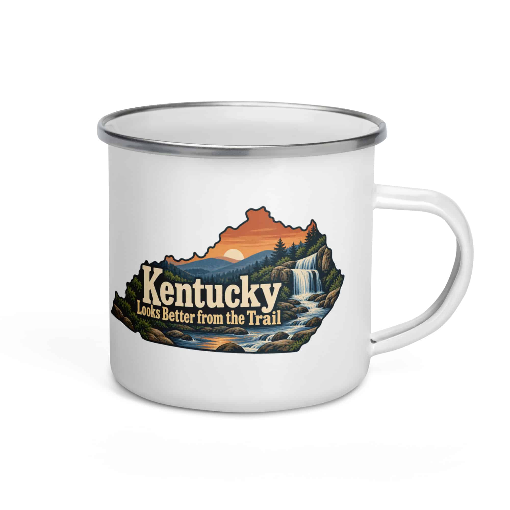 Kentucky Enamel Camp Mug: Creek and waterfall, Colorful Kentucky Silhouette