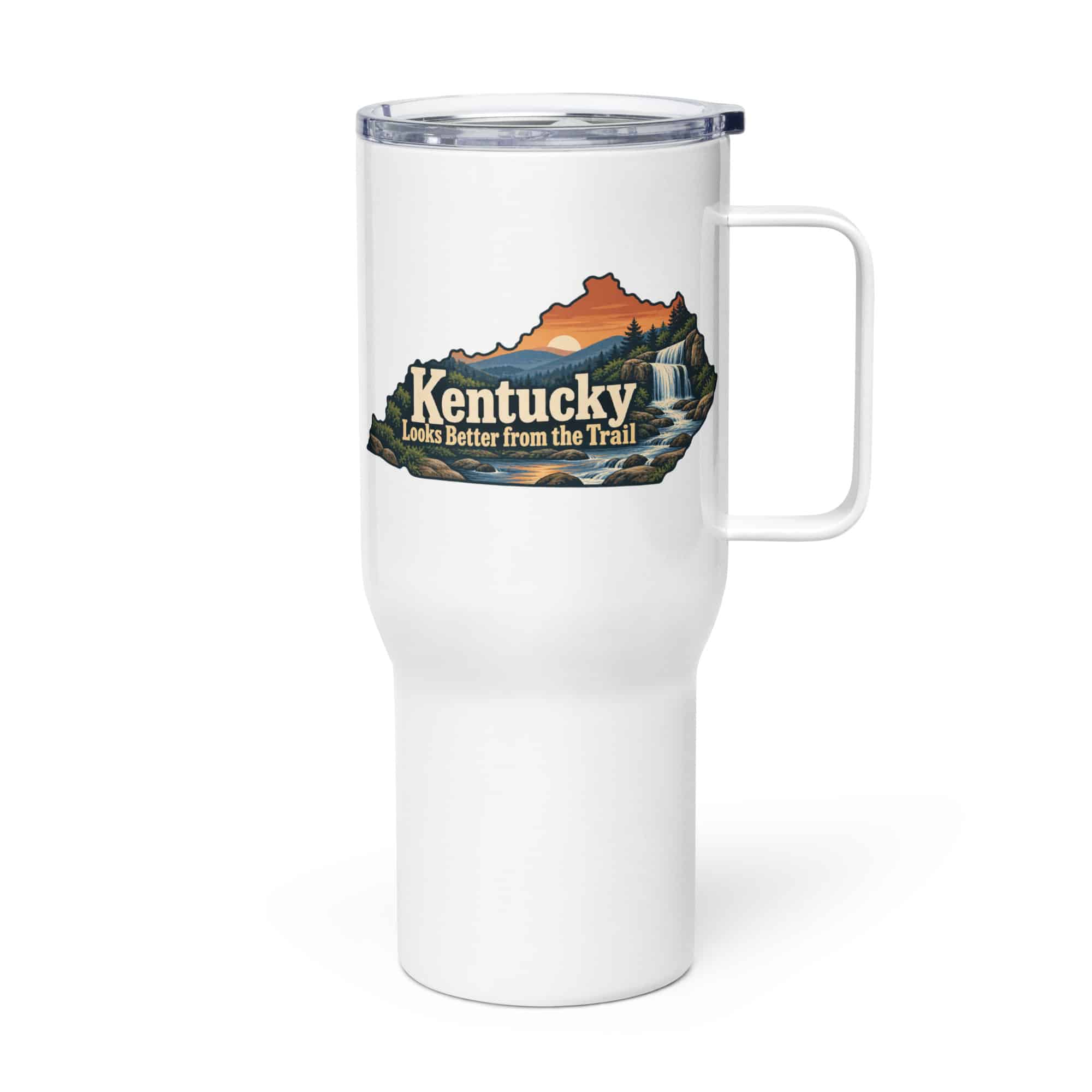 Kentucky Travel Mug: Creek and waterfall, Colorful Kentucky Silhouette