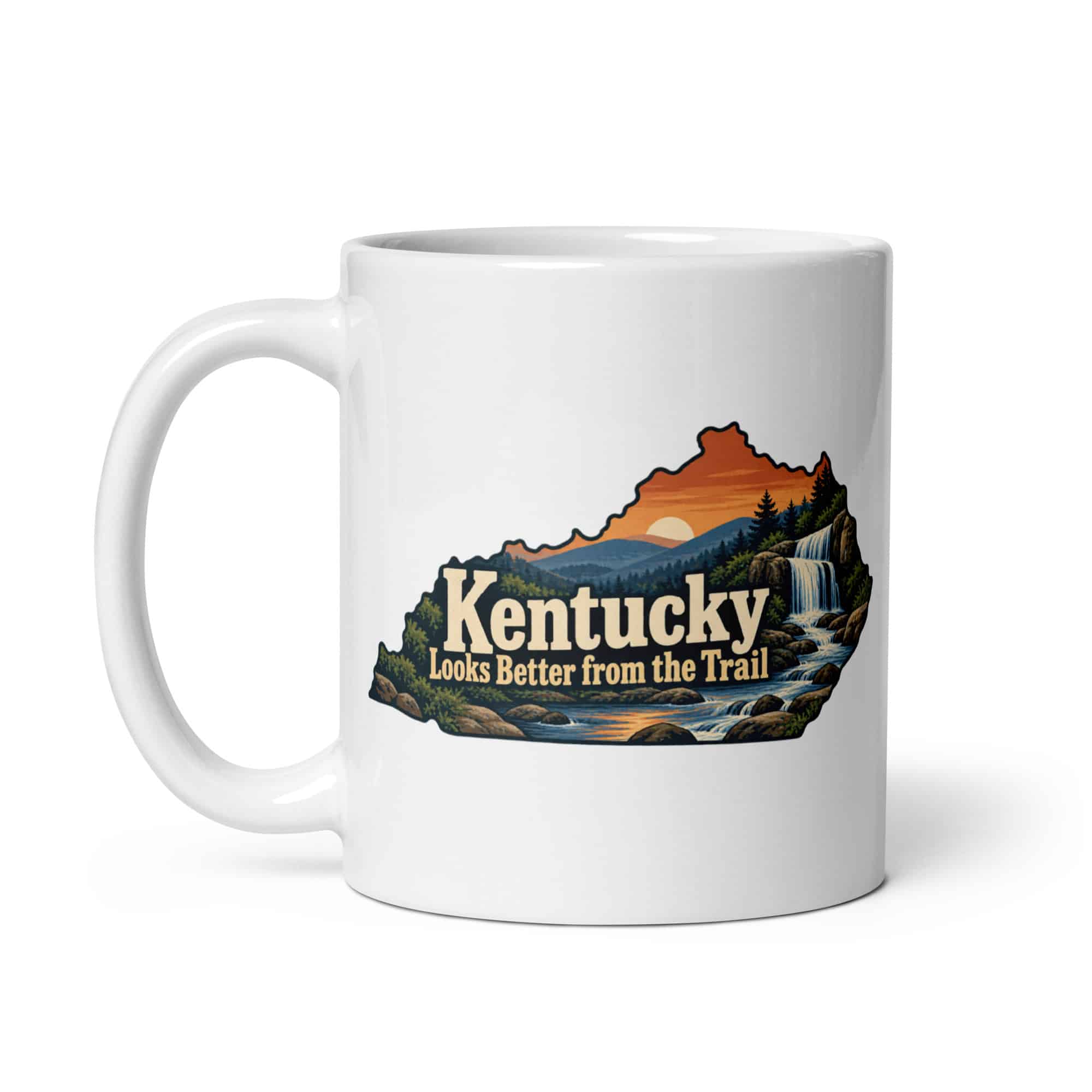 Kentucky White Ceramic Coffee Mug: Creek and waterfall, Colorful Kentucky Silhouette