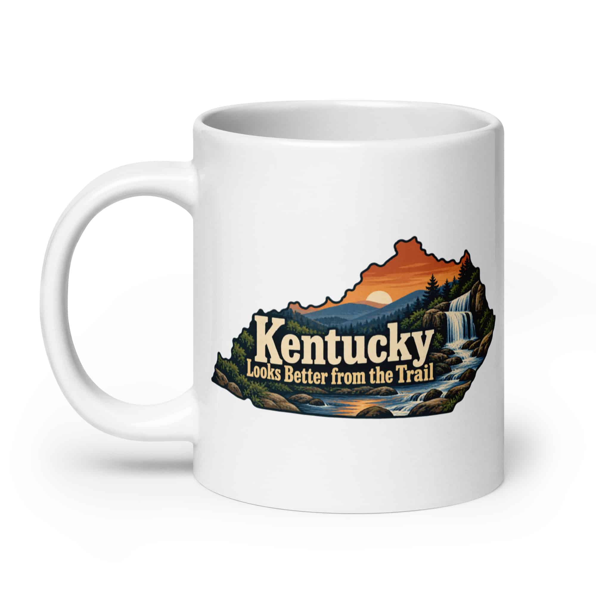 Kentucky White Ceramic Coffee Mug: Creek and waterfall, Colorful Kentucky Silhouette