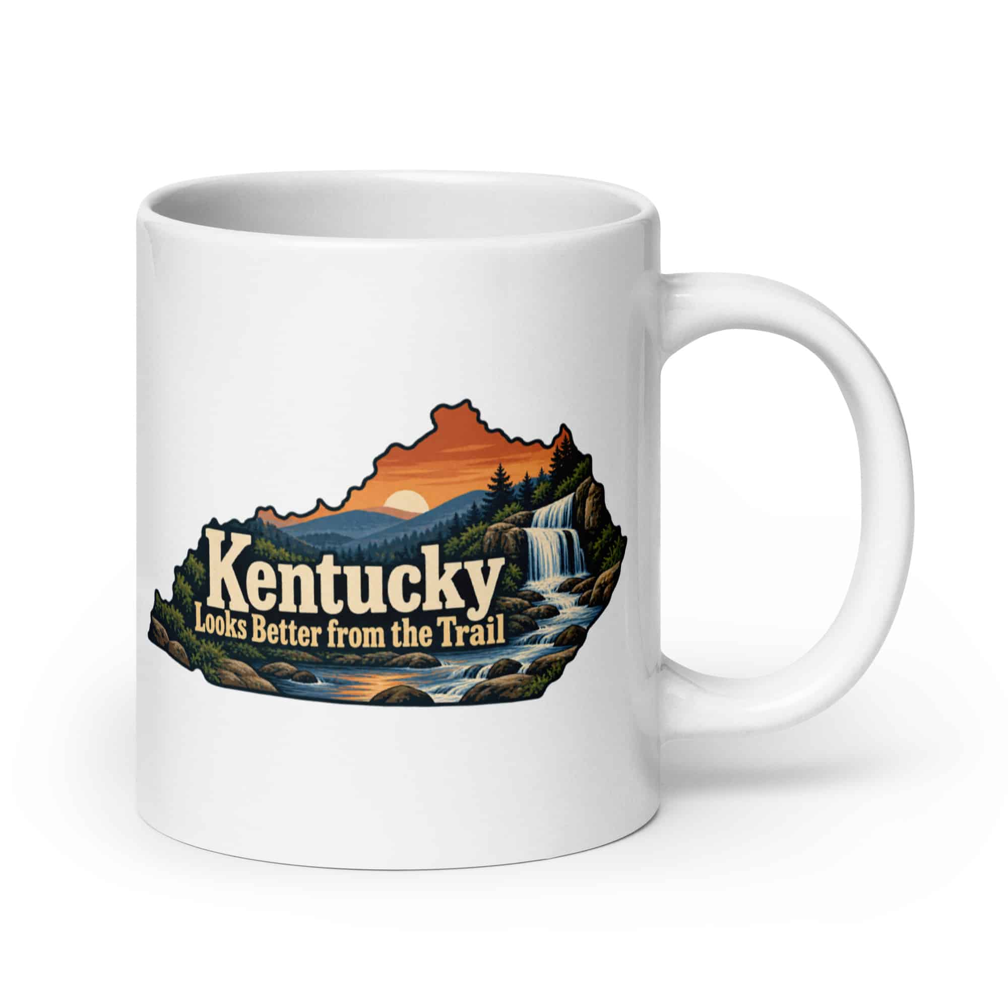 Kentucky White Ceramic Coffee Mug: Creek and waterfall, Colorful Kentucky Silhouette