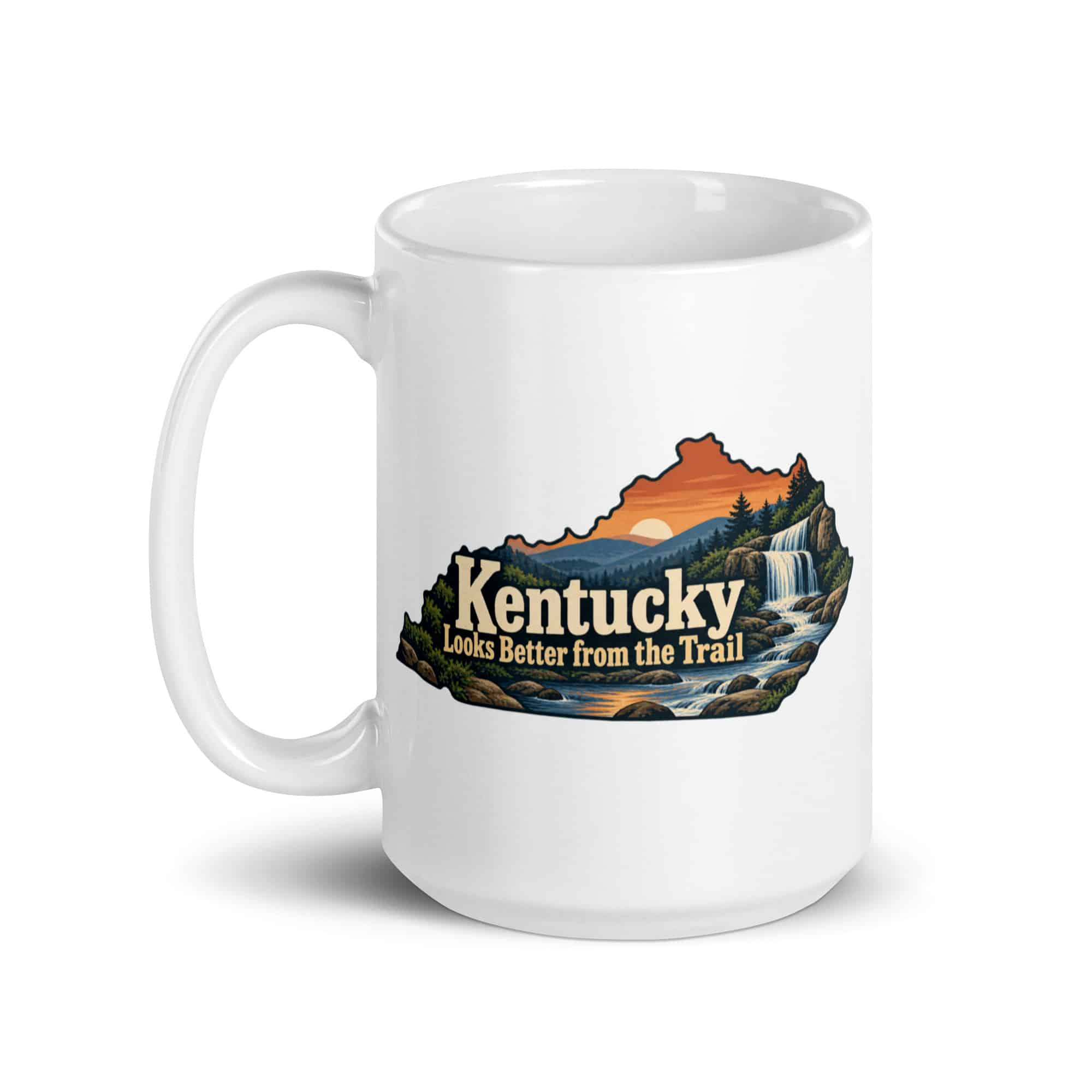 Kentucky White Ceramic Coffee Mug: Creek and waterfall, Colorful Kentucky Silhouette