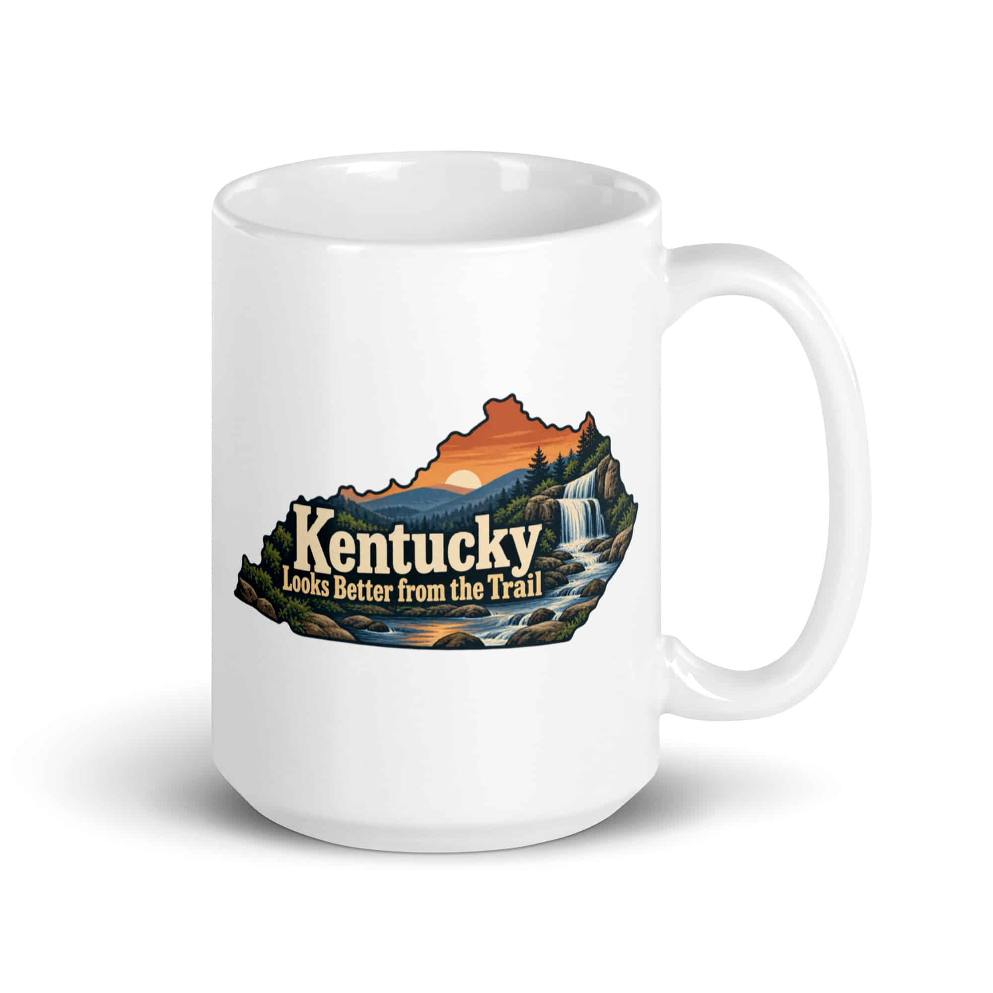 Kentucky White Ceramic Coffee Mug: Creek and waterfall, Colorful Kentucky Silhouette