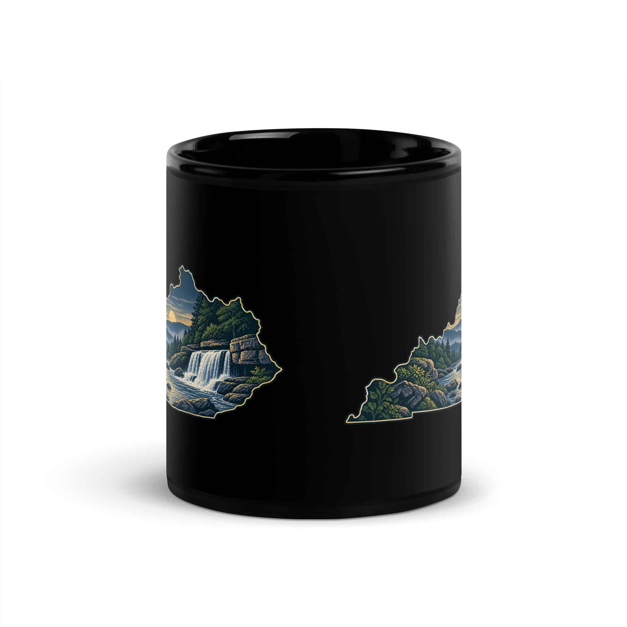 Kentucky Black Coffee Mug: Creek and waterfall, Illustrated Kentucky Silhouette