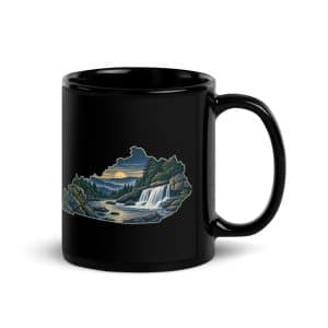 Kentucky Black Coffee Mug: Creek and waterfall, Illustrated Kentucky Silhouette - 11 oz - Handle on Right