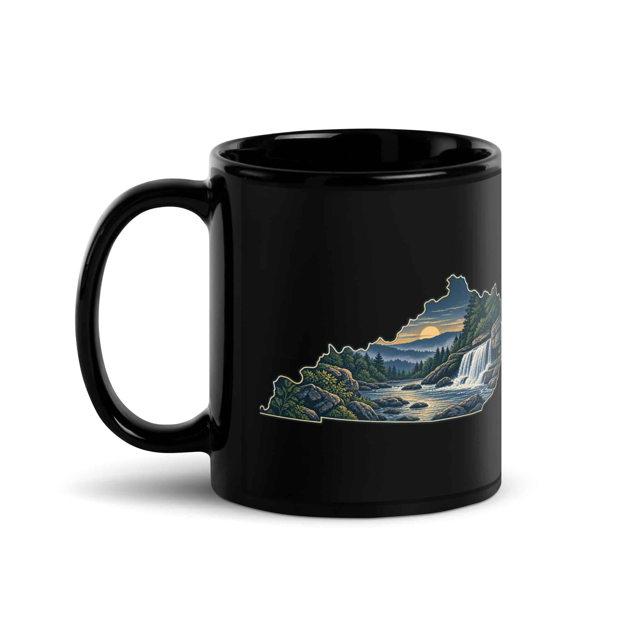 Kentucky Black Coffee Mug: Creek and waterfall, Illustrated Kentucky Silhouette