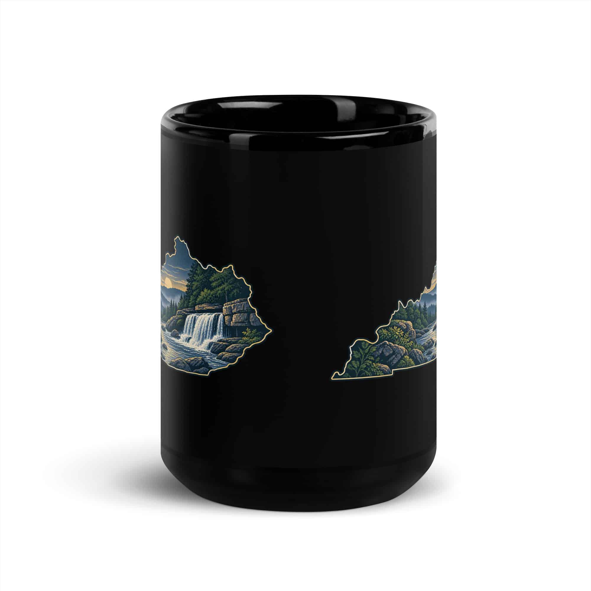 Kentucky Black Coffee Mug: Creek and waterfall, Illustrated Kentucky Silhouette
