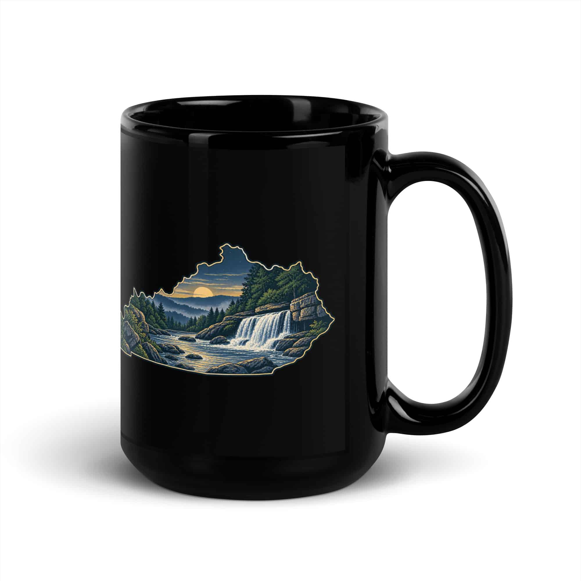 Kentucky Black Coffee Mug: Creek and waterfall, Illustrated Kentucky Silhouette