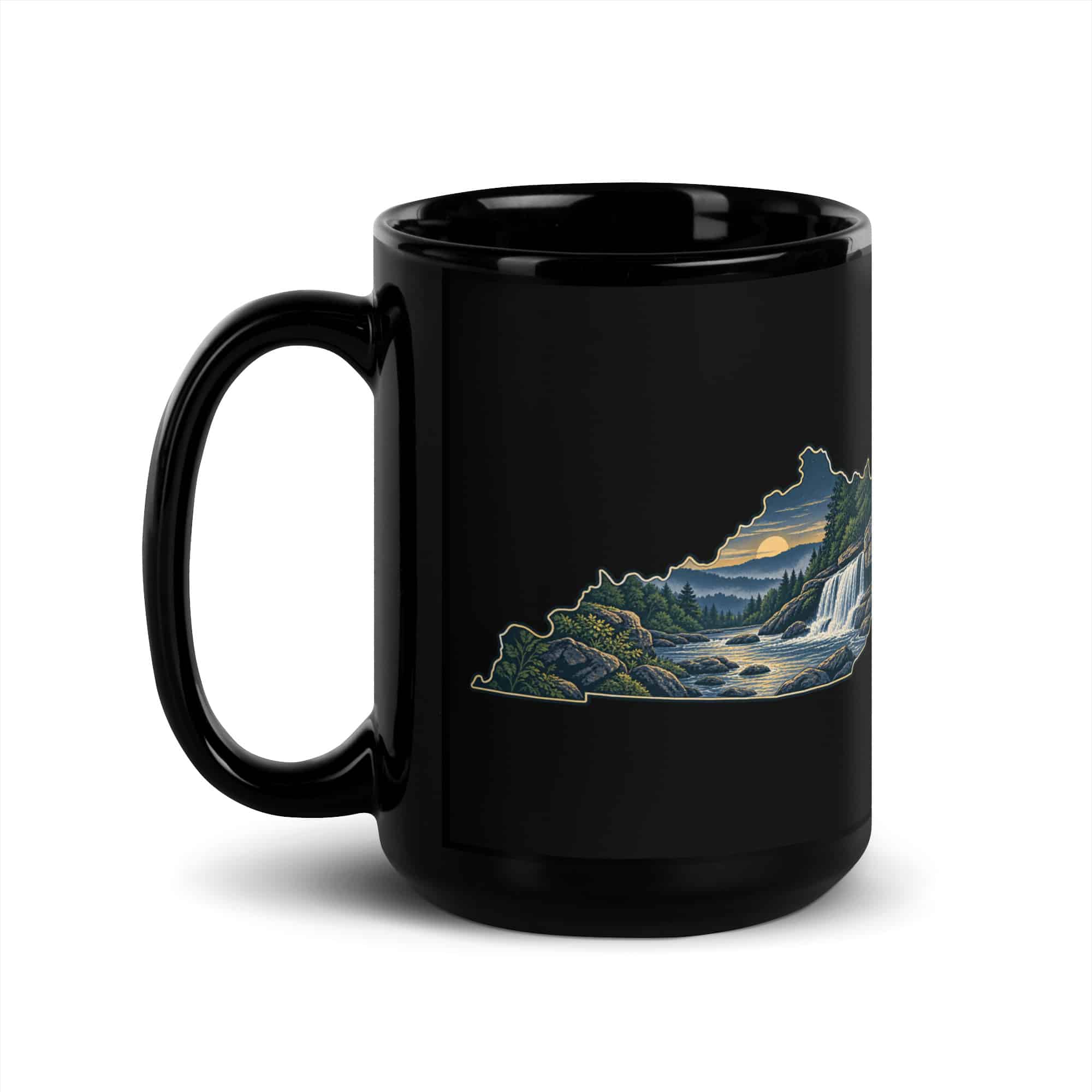 Kentucky Black Coffee Mug: Creek and waterfall, Illustrated Kentucky Silhouette
