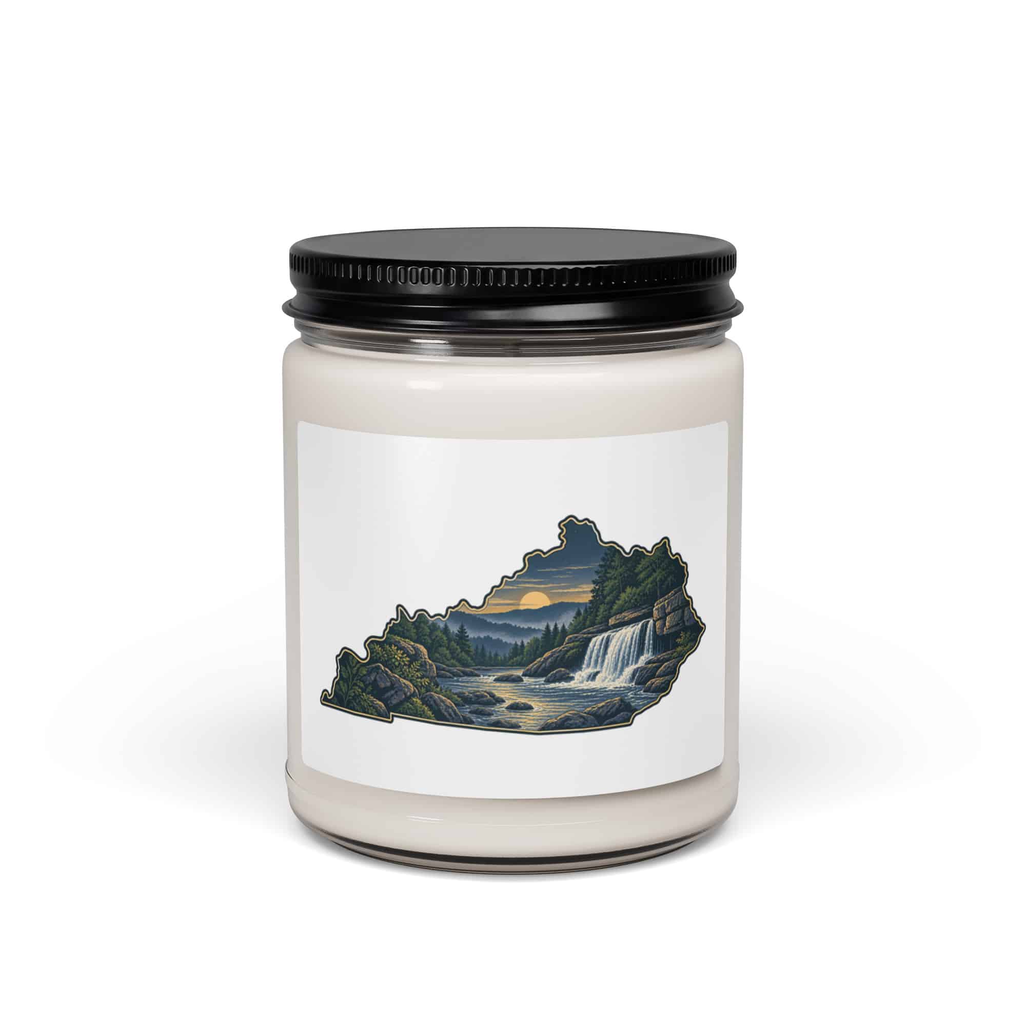 Kentucky Soy Wax Candle: Creek and waterfall, Illustrated Kentucky Silhouette