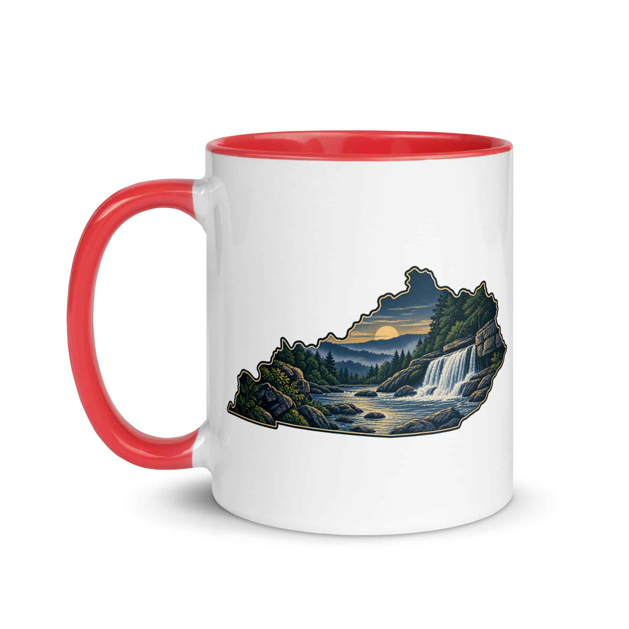 Kentucky Color Inside Coffee Mug: Creek and waterfall, Illustrated Kentucky Silhouette