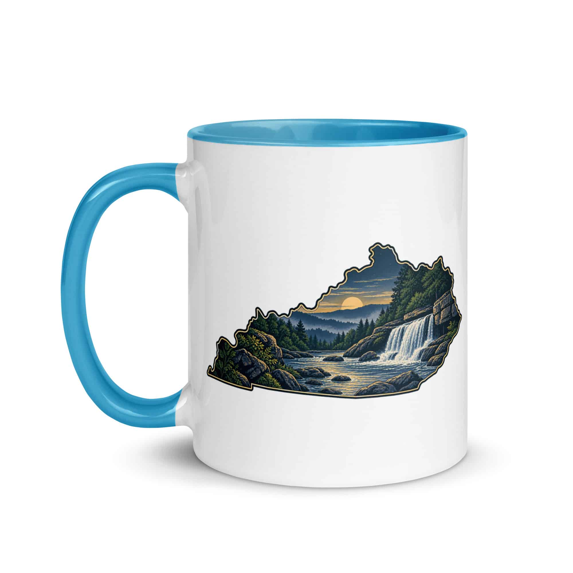 Kentucky Color Inside Coffee Mug: Creek and waterfall, Illustrated Kentucky Silhouette