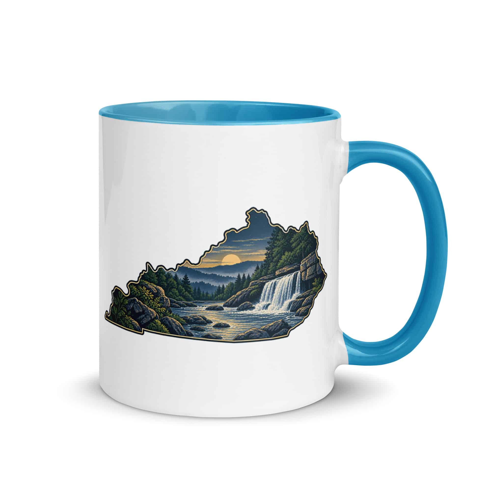 Kentucky Color Inside Coffee Mug: Creek and waterfall, Illustrated Kentucky Silhouette