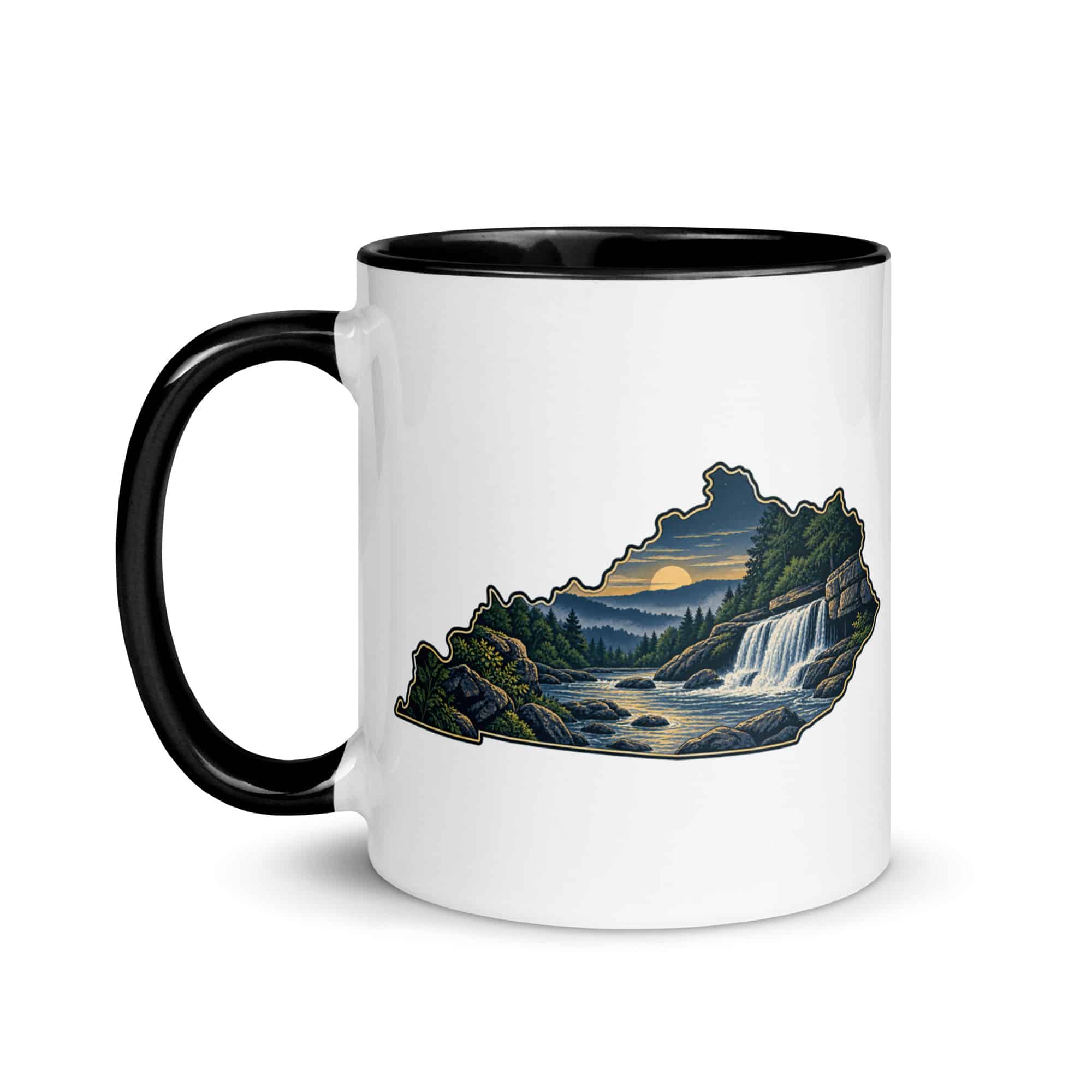 Kentucky Color Inside Coffee Mug: Creek and waterfall, Illustrated Kentucky Silhouette