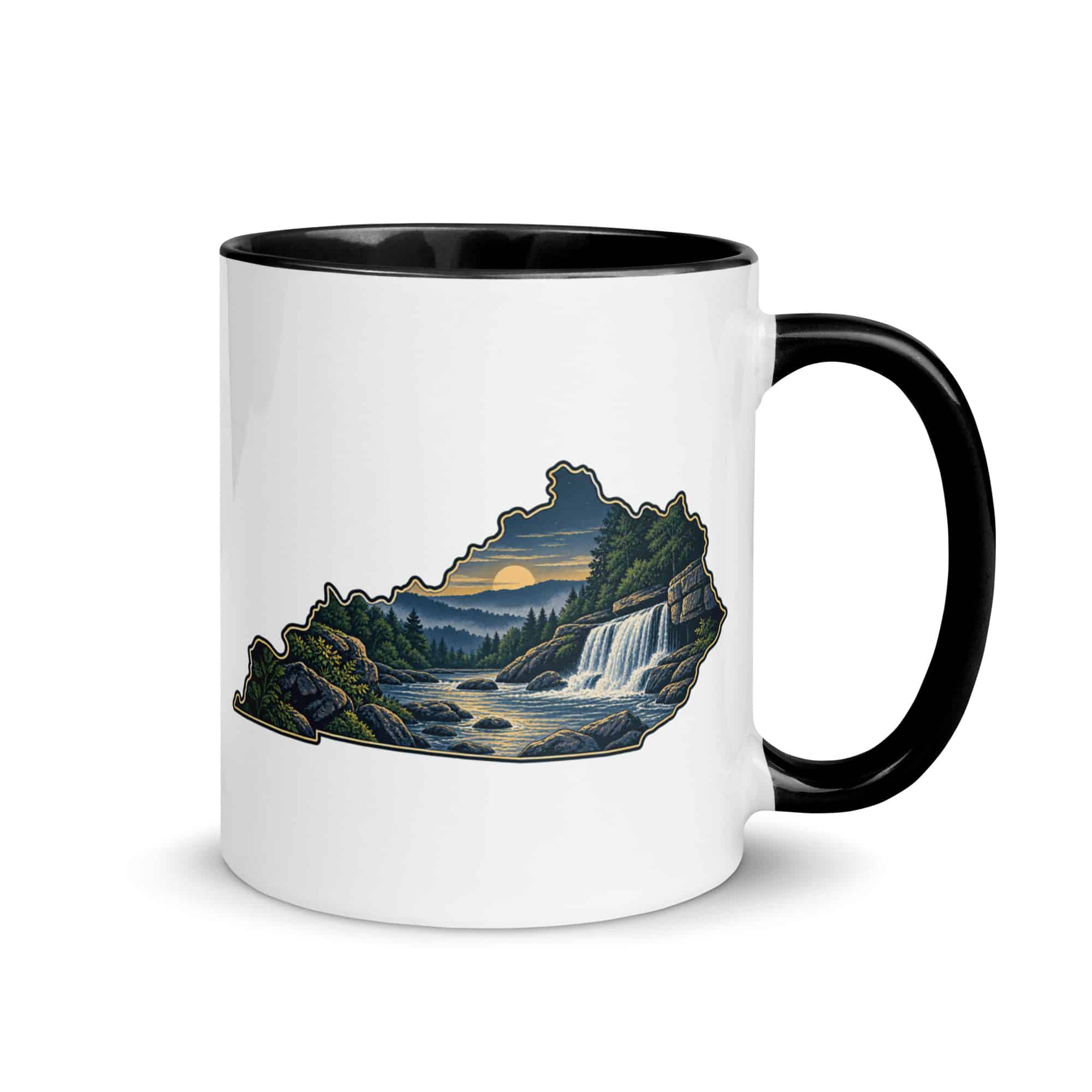 Kentucky Color Inside Coffee Mug: Creek and waterfall, Illustrated Kentucky Silhouette