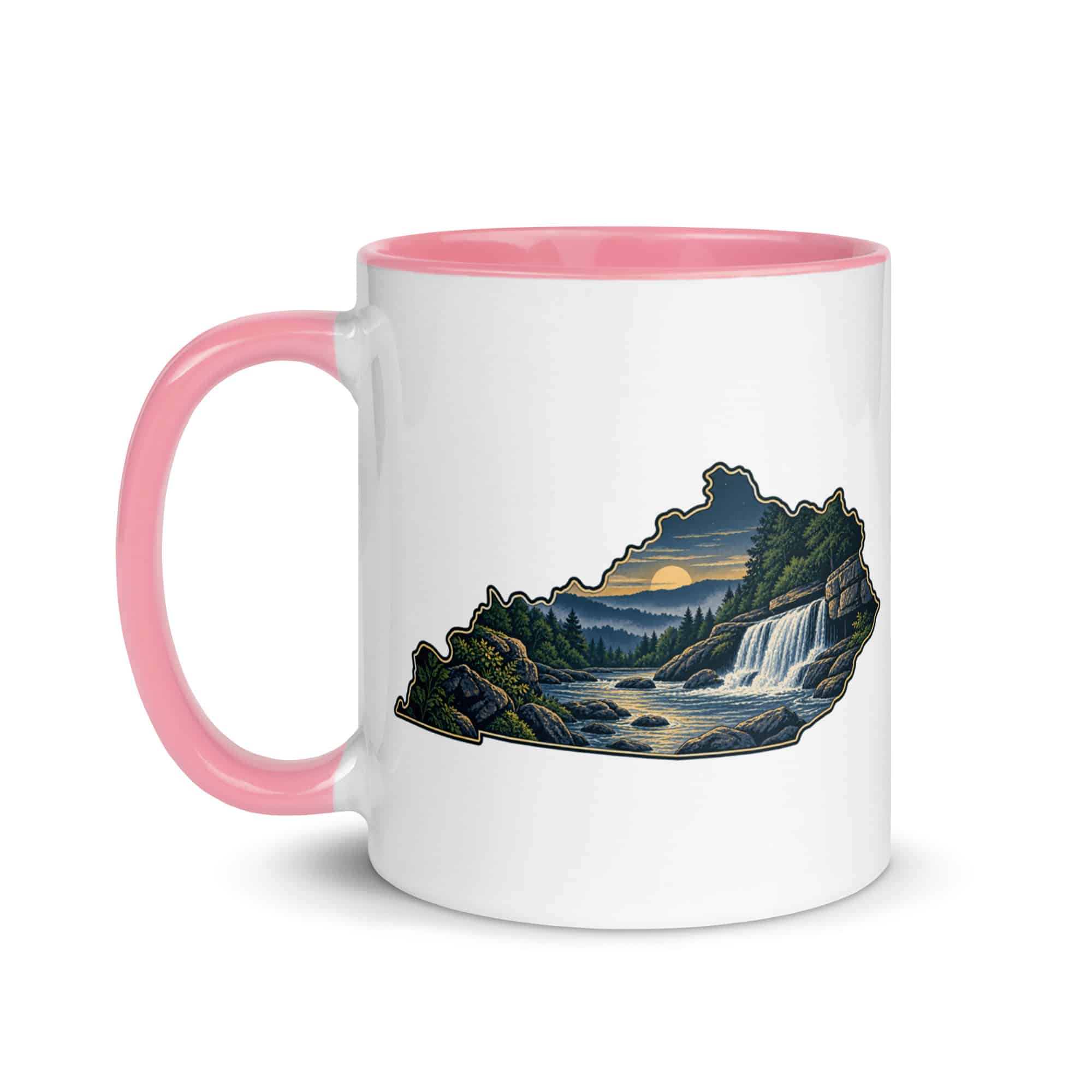Kentucky Color Inside Coffee Mug: Creek and waterfall, Illustrated Kentucky Silhouette