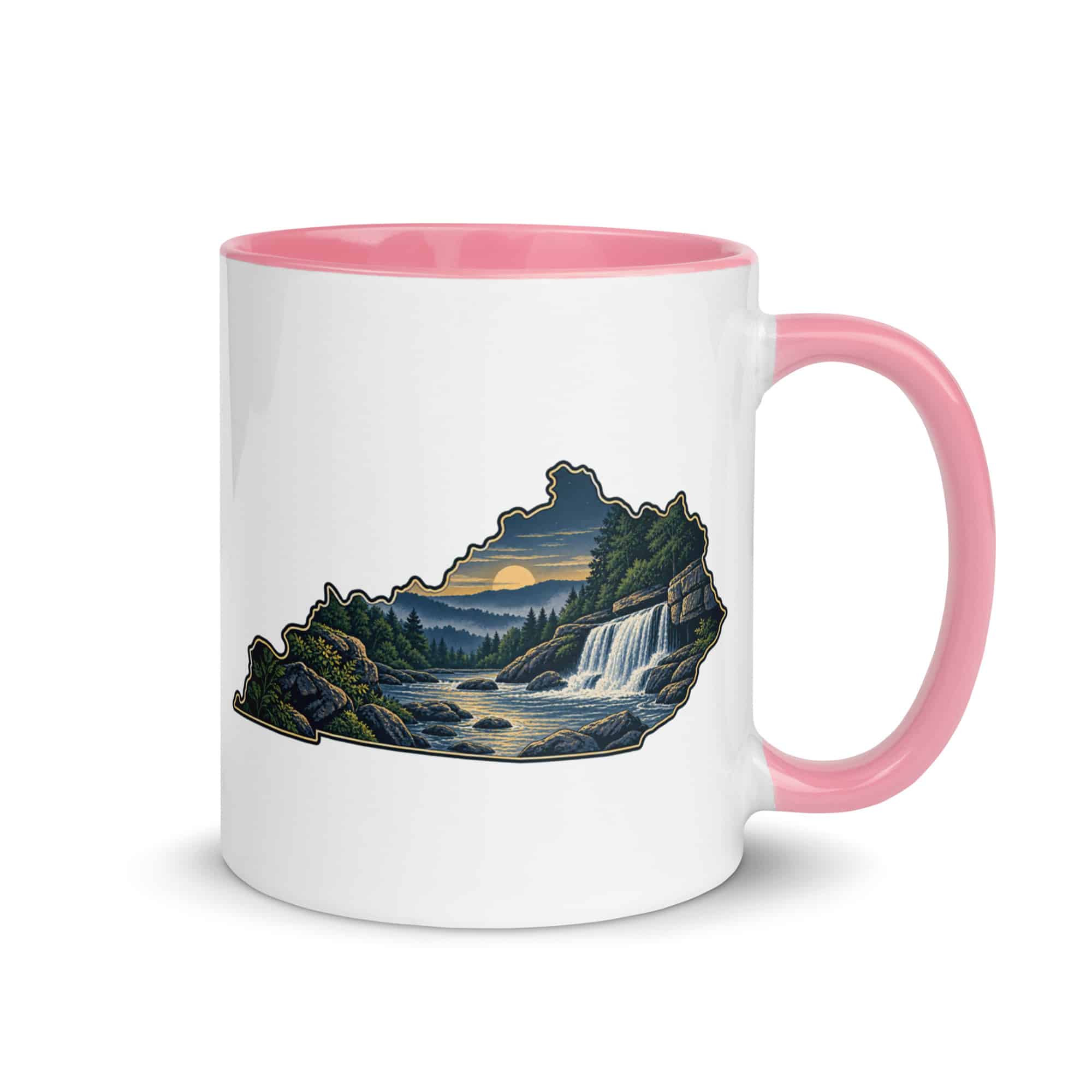 Kentucky Color Inside Coffee Mug: Creek and waterfall, Illustrated Kentucky Silhouette