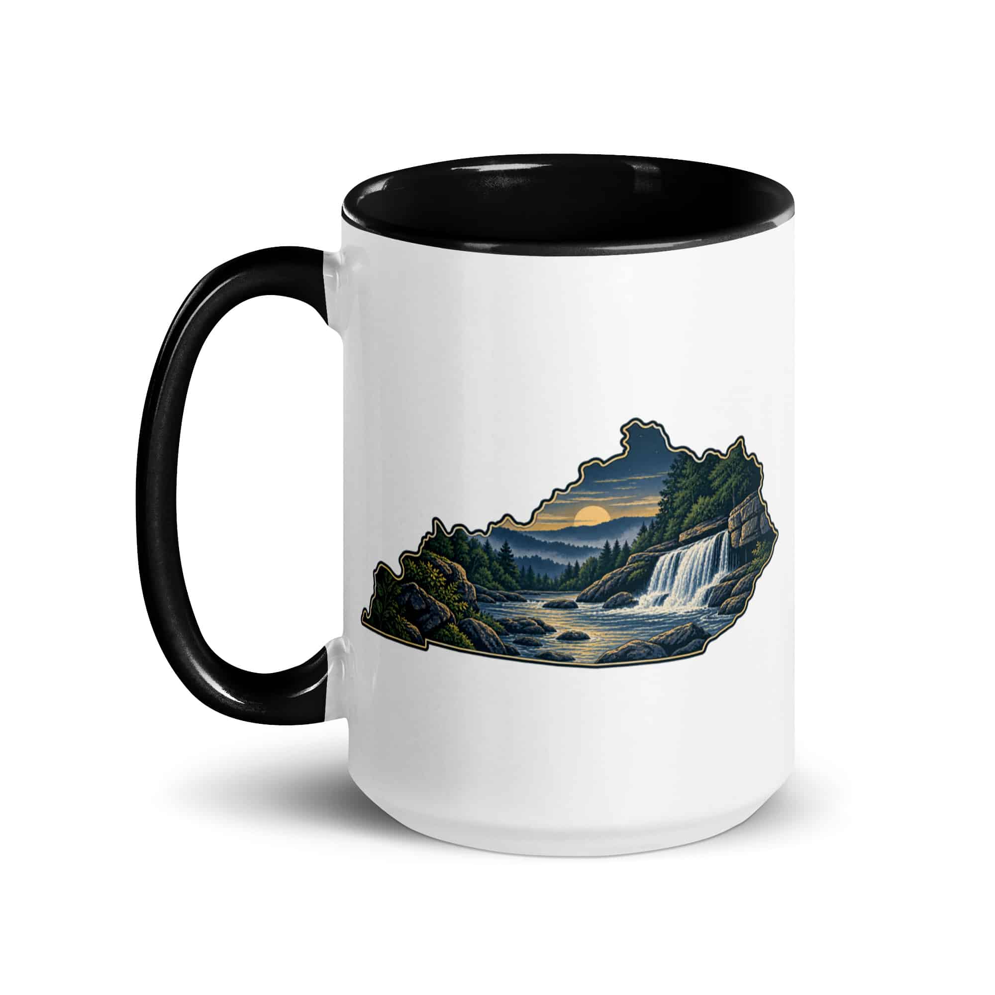 Kentucky Color Inside Coffee Mug: Creek and waterfall, Illustrated Kentucky Silhouette