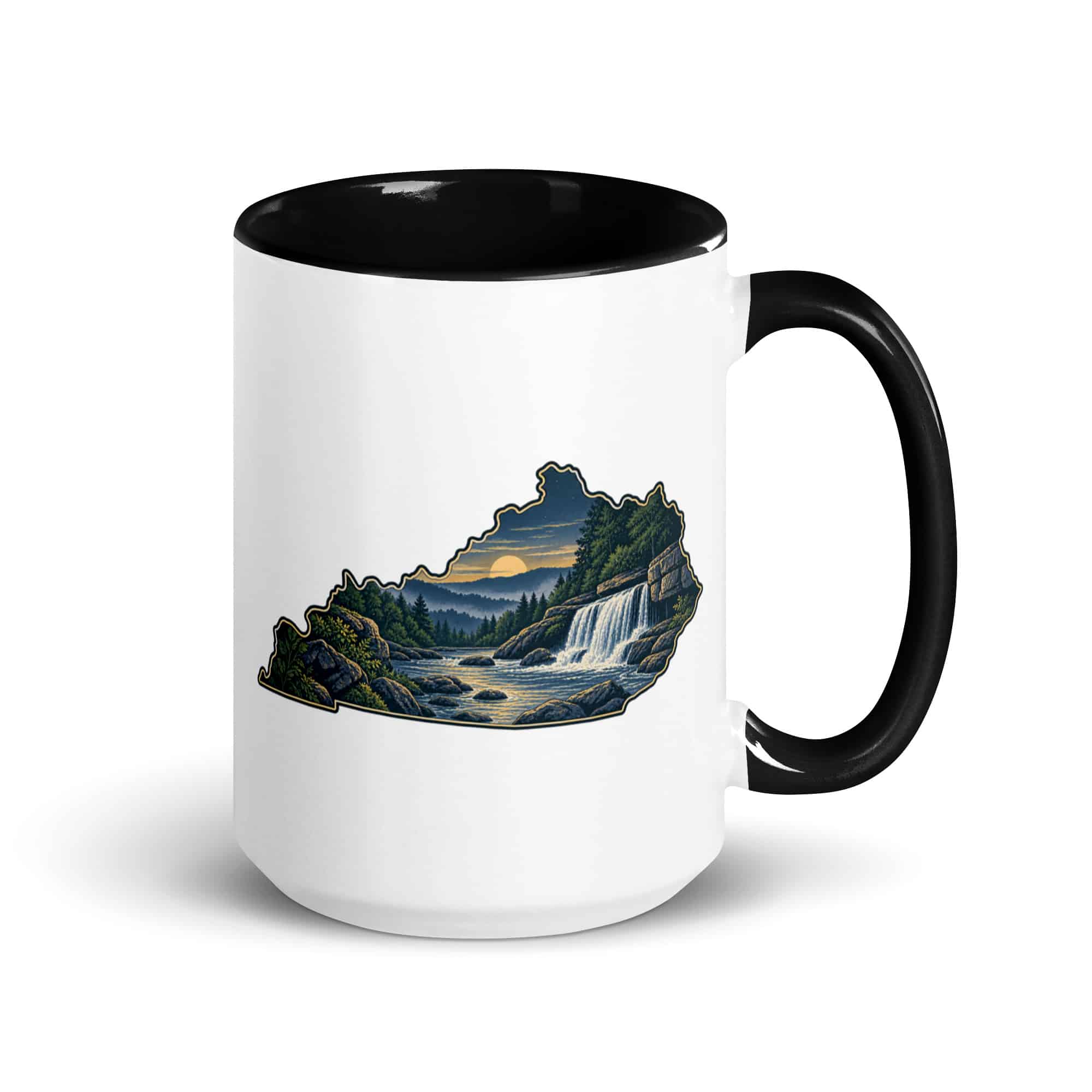 Kentucky Color Inside Coffee Mug: Creek and waterfall, Illustrated Kentucky Silhouette