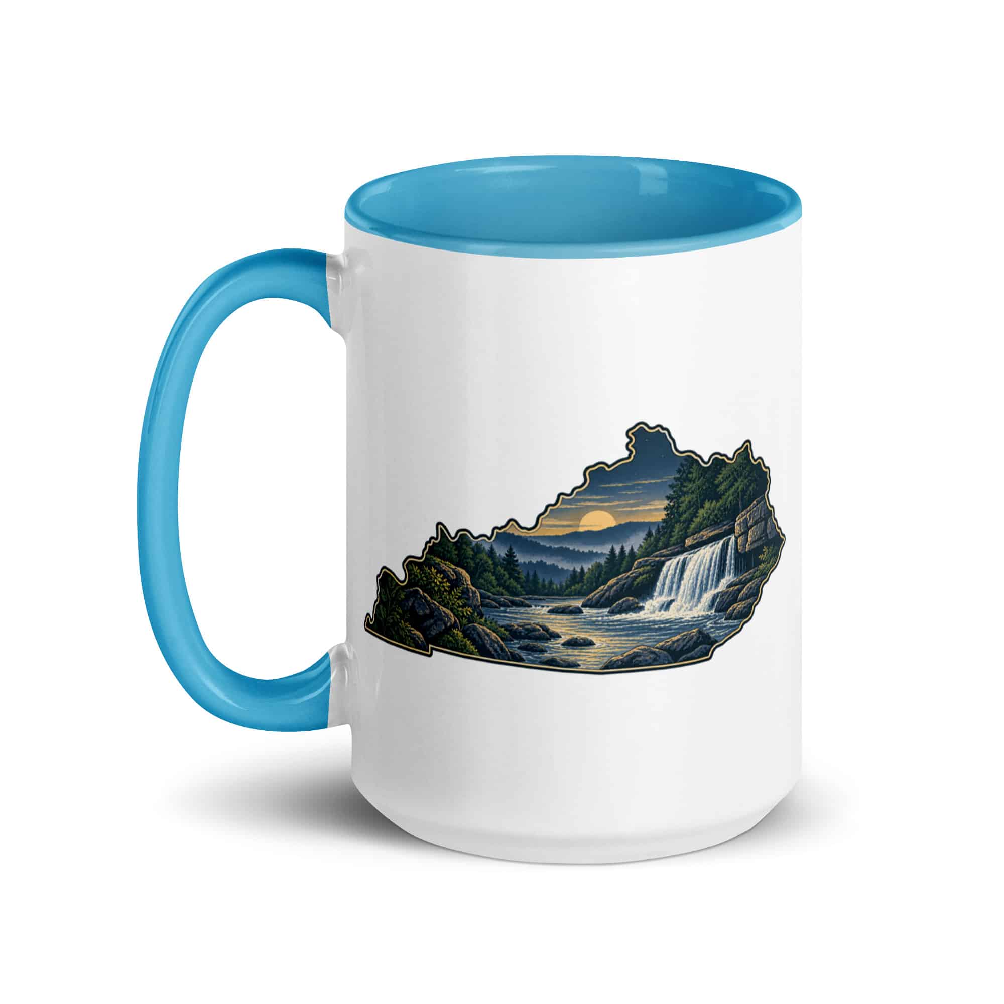 Kentucky Color Inside Coffee Mug: Creek and waterfall, Illustrated Kentucky Silhouette