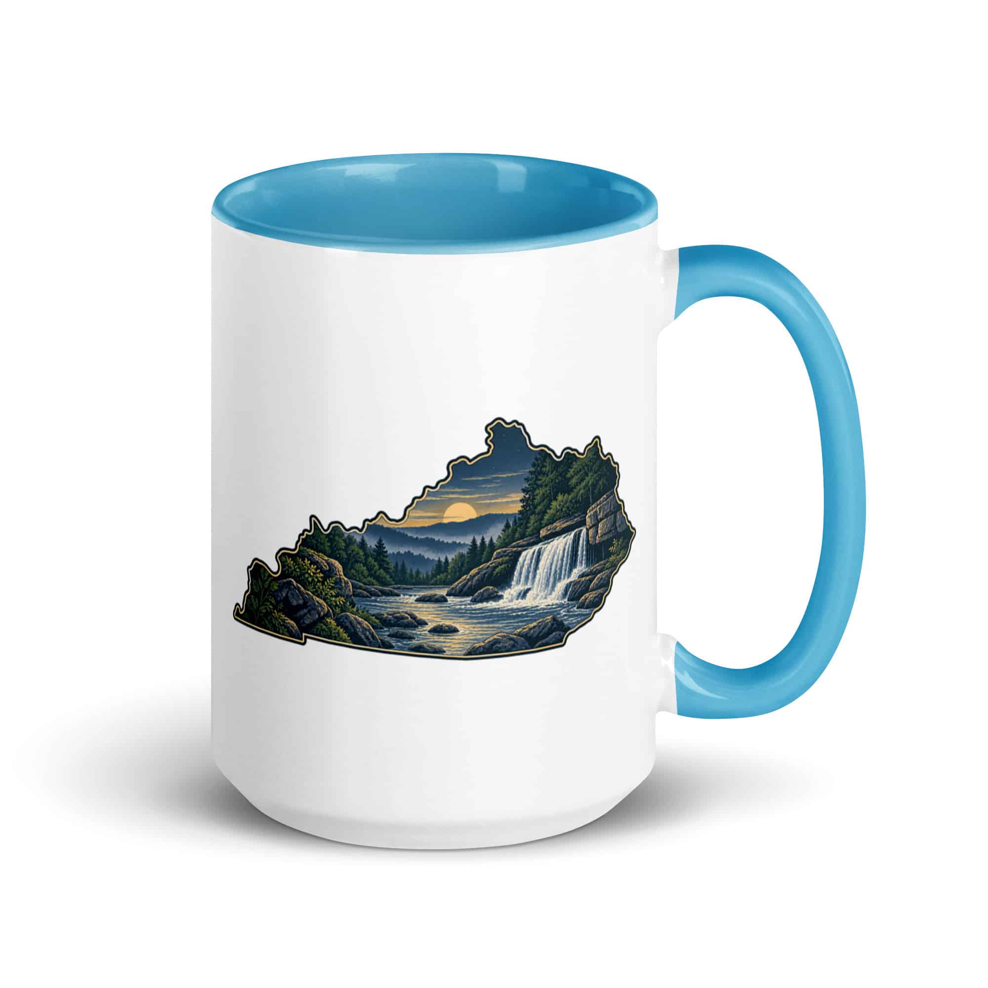 Kentucky Color Inside Coffee Mug: Creek and waterfall, Illustrated Kentucky Silhouette
