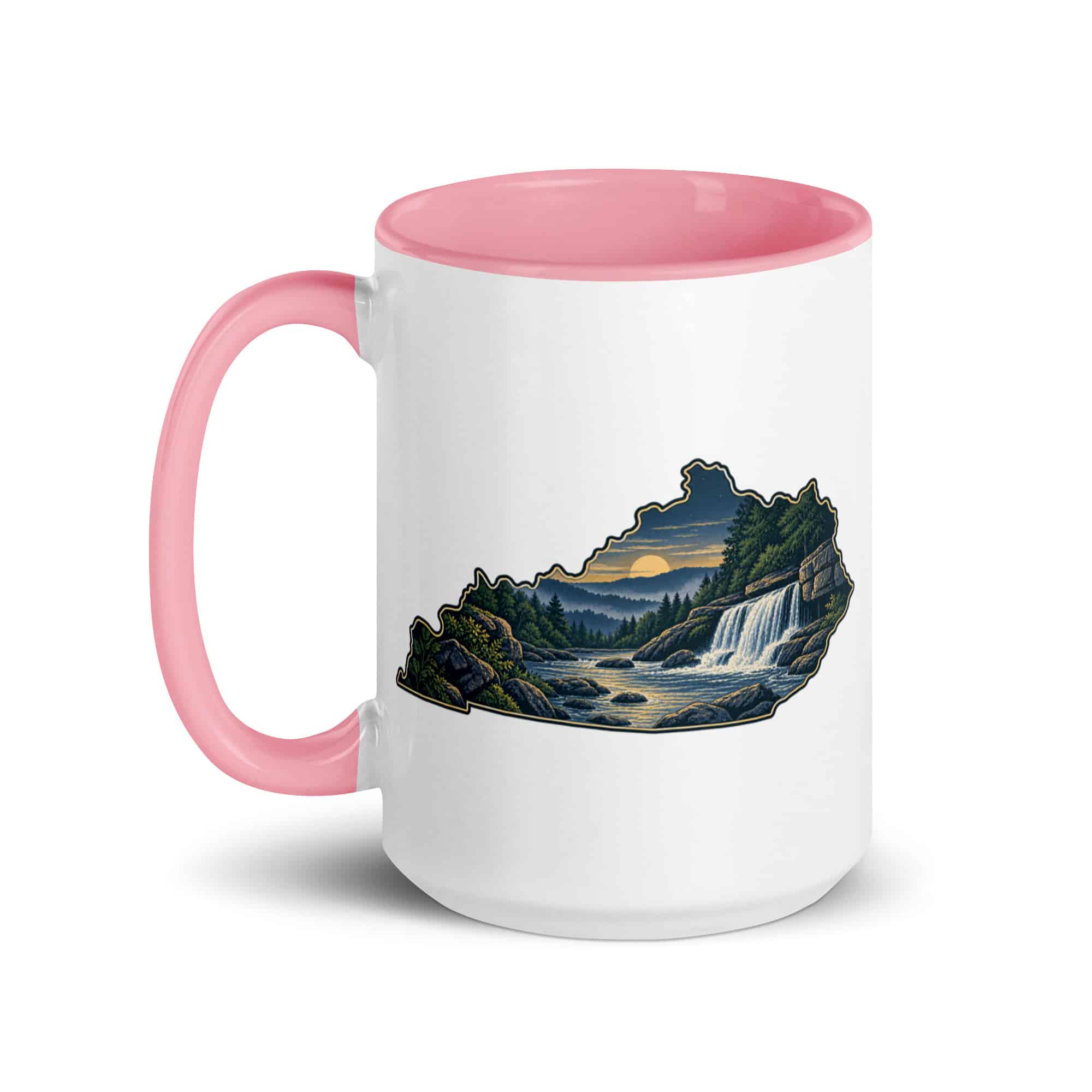 Kentucky Color Inside Coffee Mug: Creek and waterfall, Illustrated Kentucky Silhouette